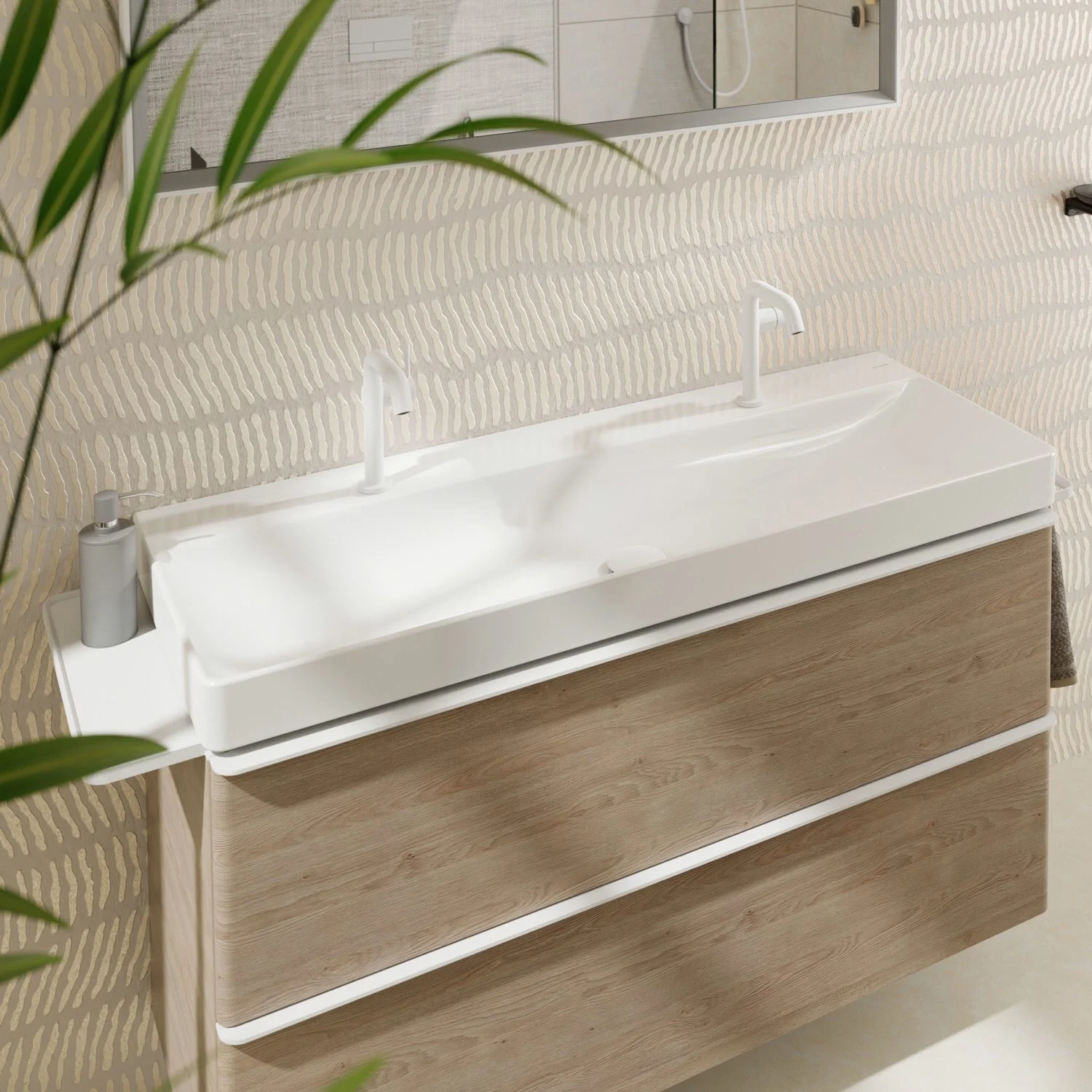 Duża umywalka z drewnianą szafką w łazience, hansgrohe