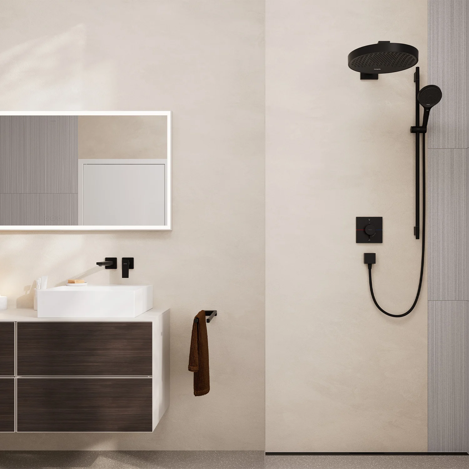 Łazienka z umywalką i prysznicem w nowoczesnym stylu, hansgrohe