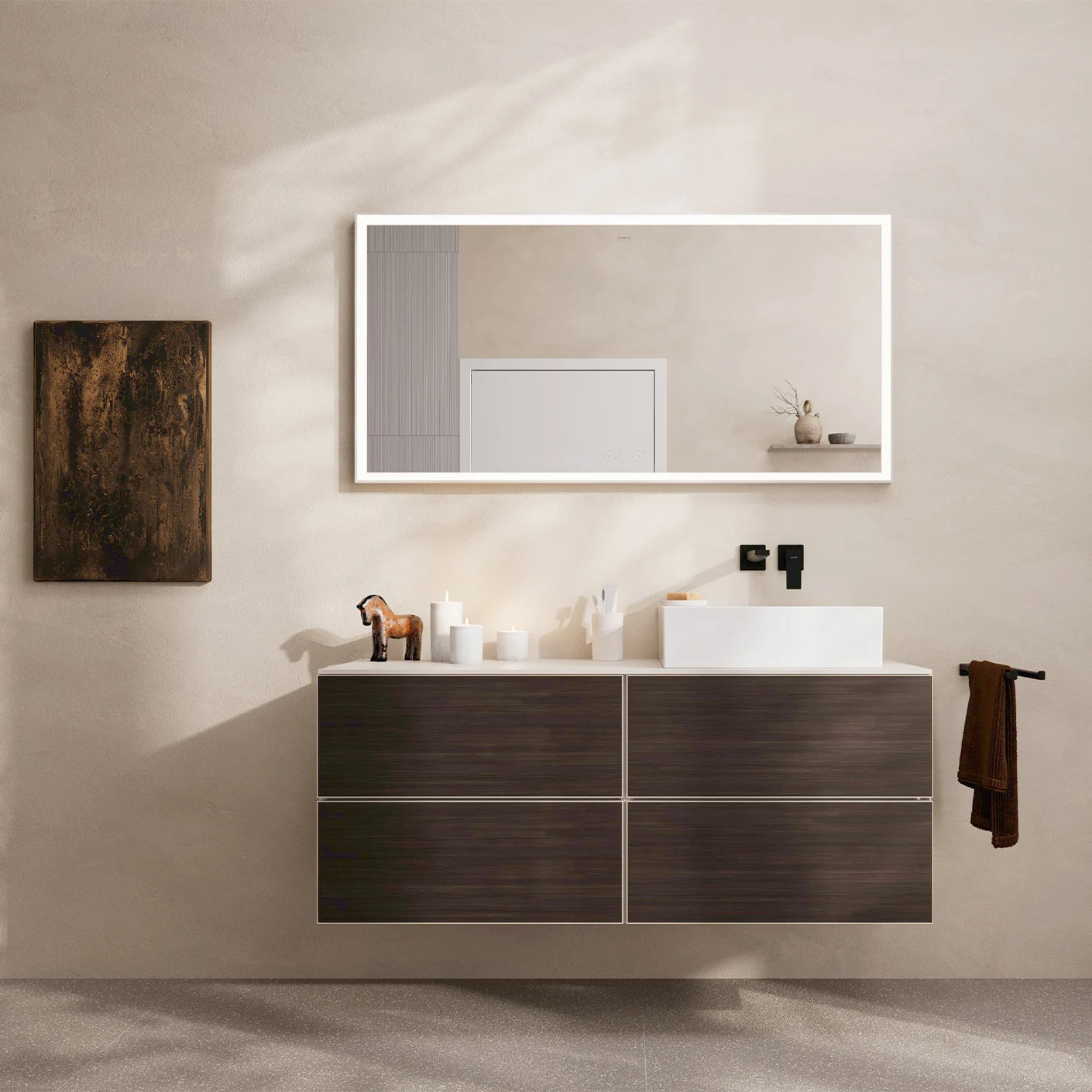Nowoczesna łazienka z podwójną umywalką i lustrem, hansgrohe