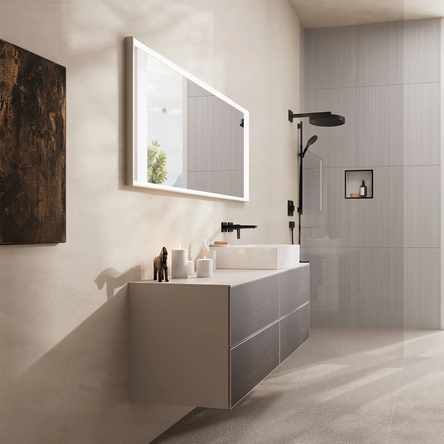 Nowoczesna łazienka z dużym lustrem i umywalką, hansgrohe