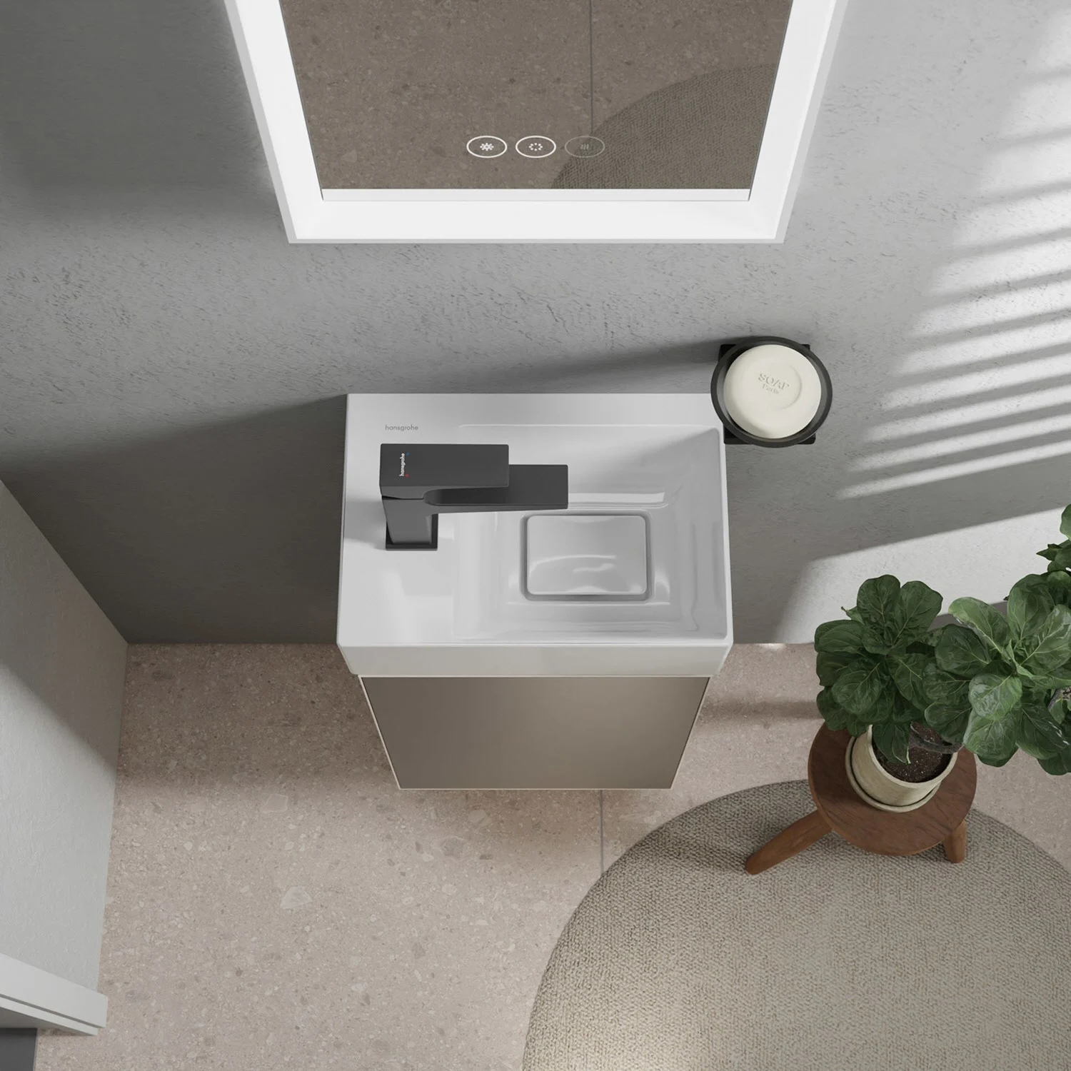 Łazienka z umywalką i lustrem z góry, hansgrohe