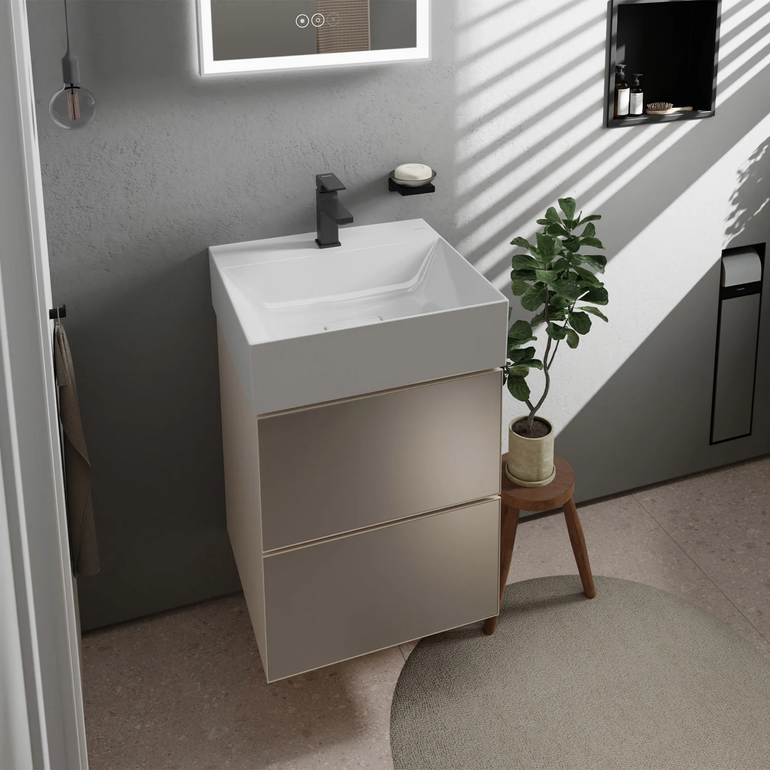 Umywalka z czarną armaturą i roślinami w łazience, hansgrohe