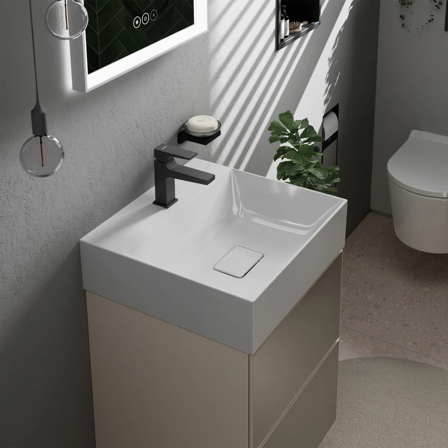 Zbliżenie na umywalkę z czarną armaturą, hansgrohe