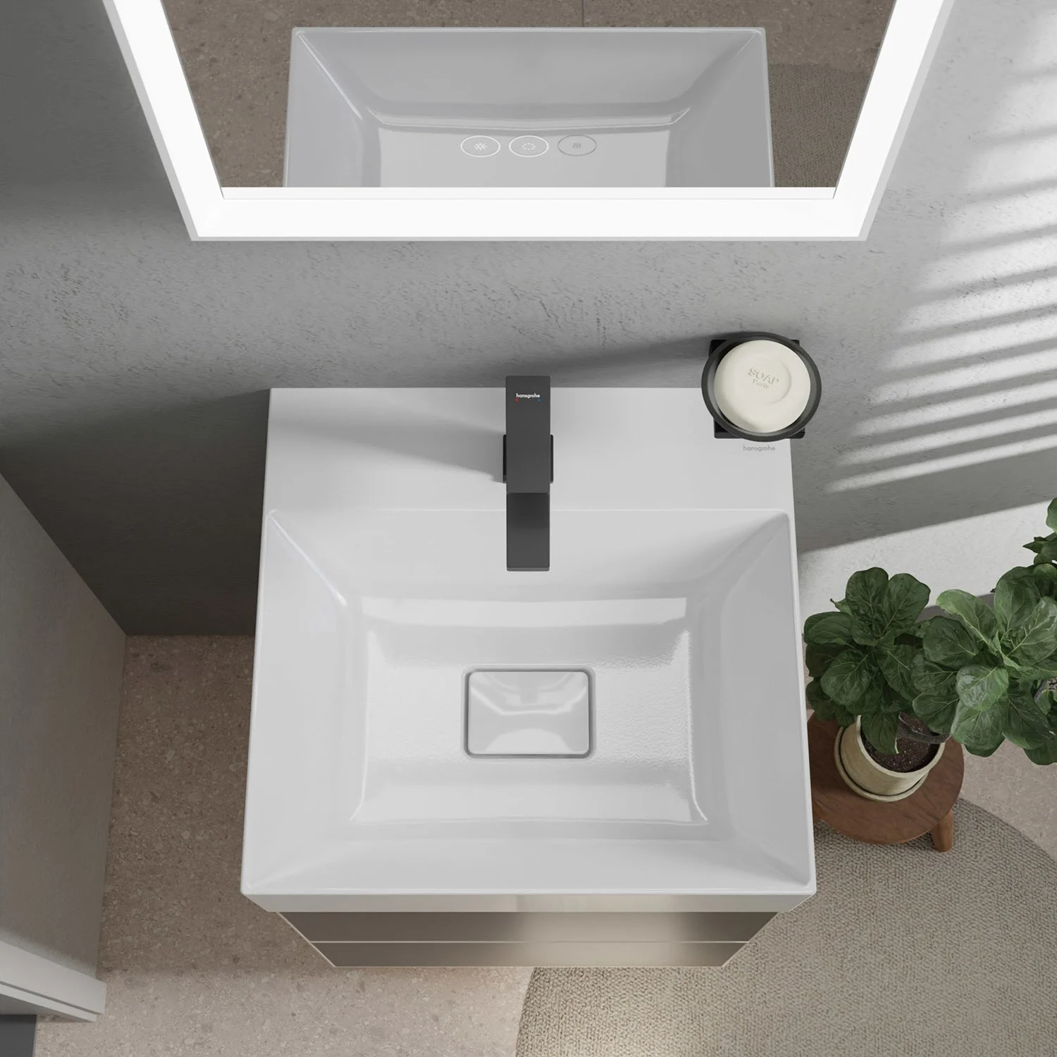 Umywalka z lustrem i rośliną z góry, hansgrohe