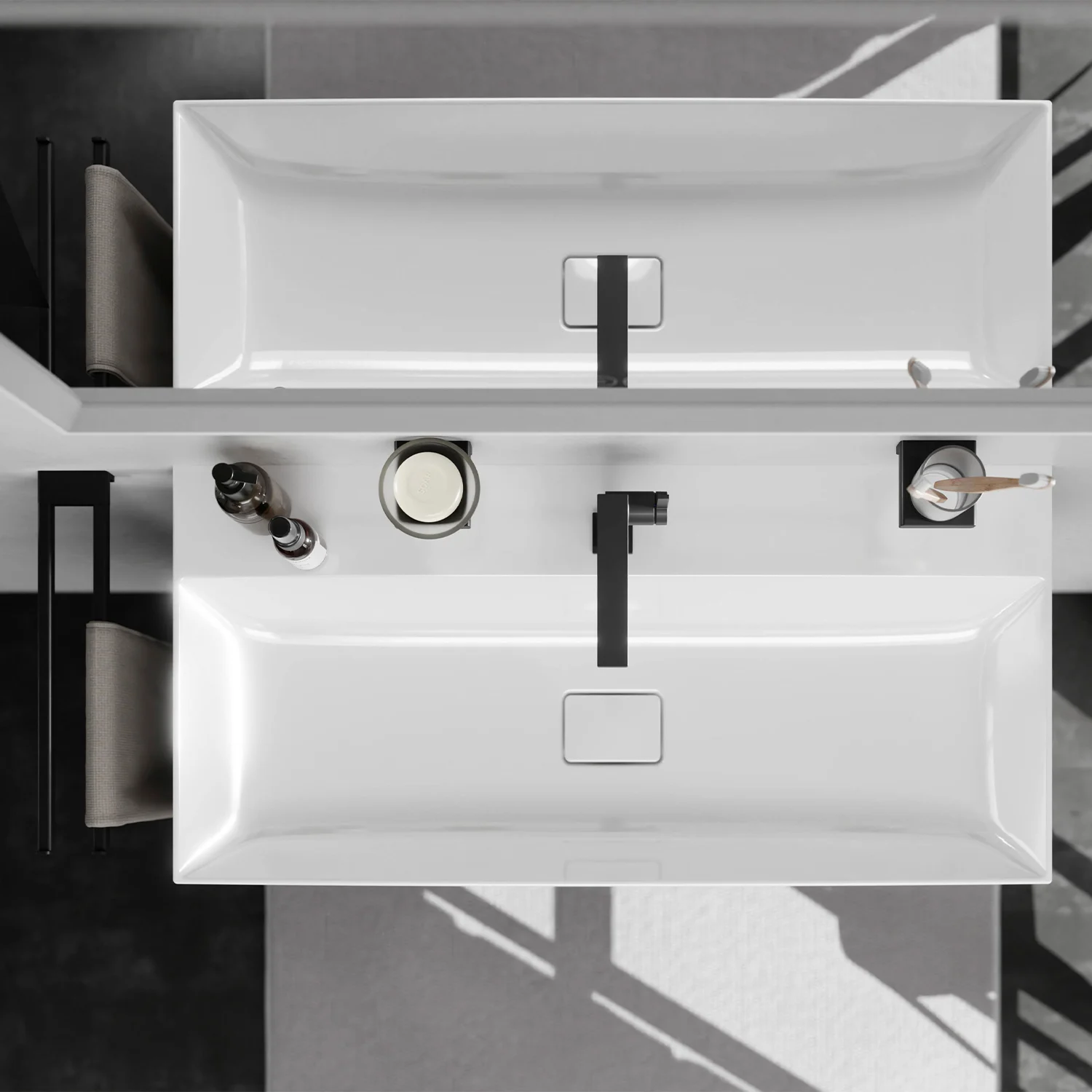 Widok z lotu ptaka na dwie umywalki w łazience, hansgrohe