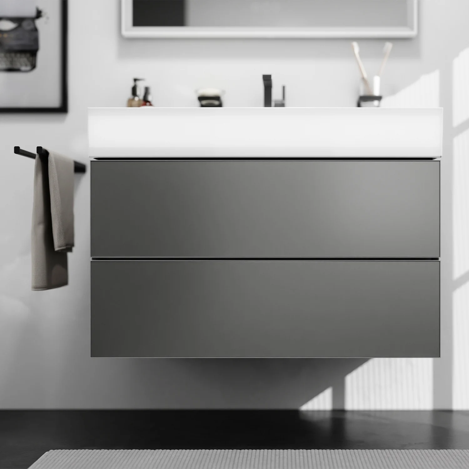 Widok z przodu szarej umywalki w łazience, hansgrohe