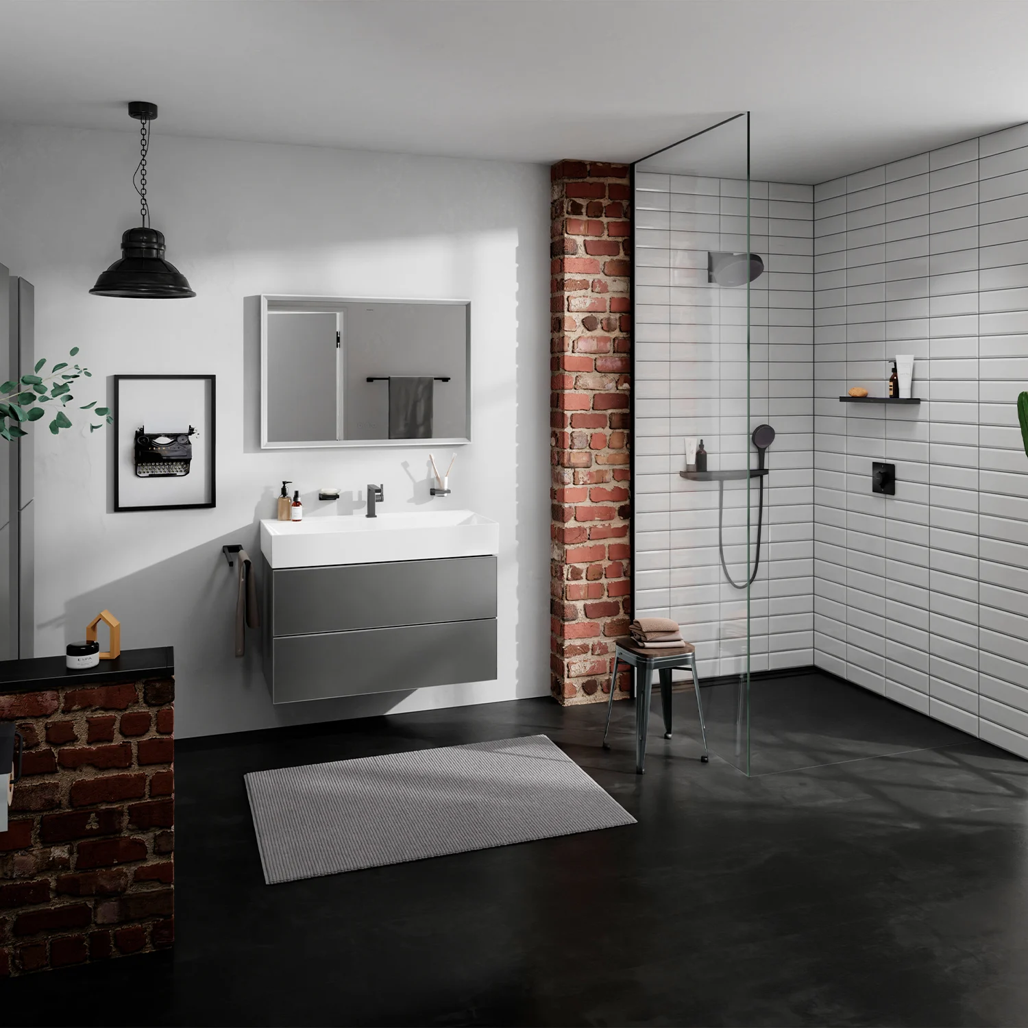 Nowoczesna łazienka z umywalką i prysznicem, hansgrohe