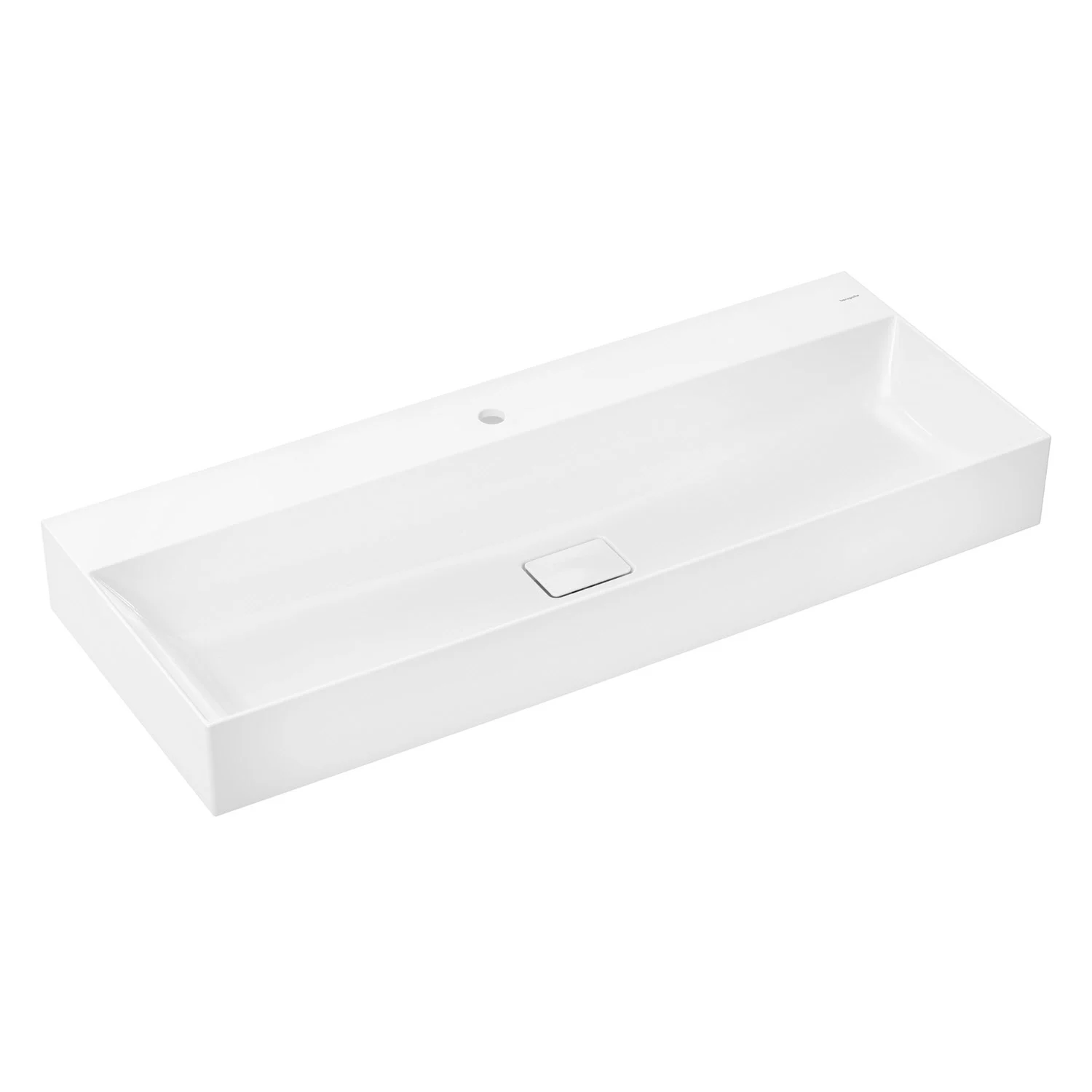 Biała prostokątna umywalka widok z przodu, hansgrohe