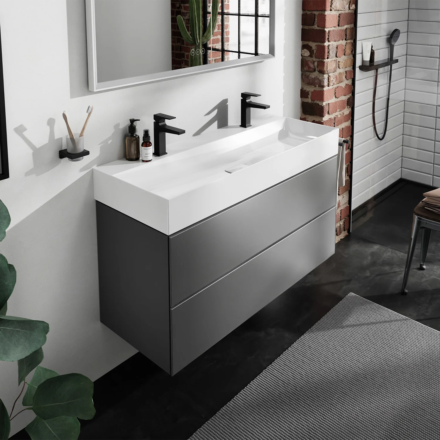 Szara umywalka z podwójnymi kranami w łazience, hansgrohe