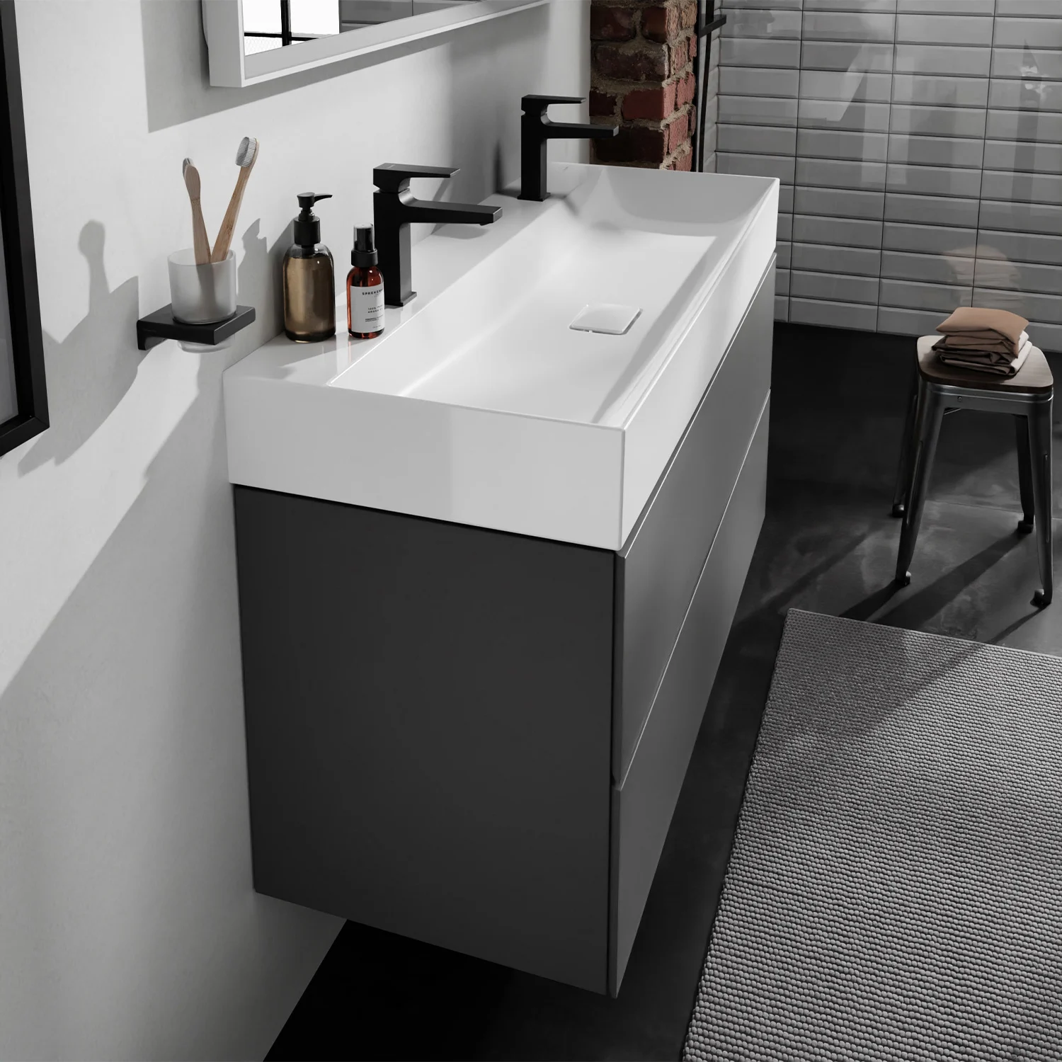 Nowoczesna umywalka w łazience z akcesoriami, hansgrohe