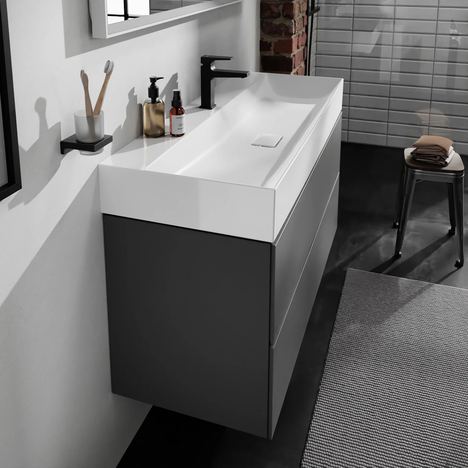 Zbliżenie nowoczesnej umywalki, hansgrohe
