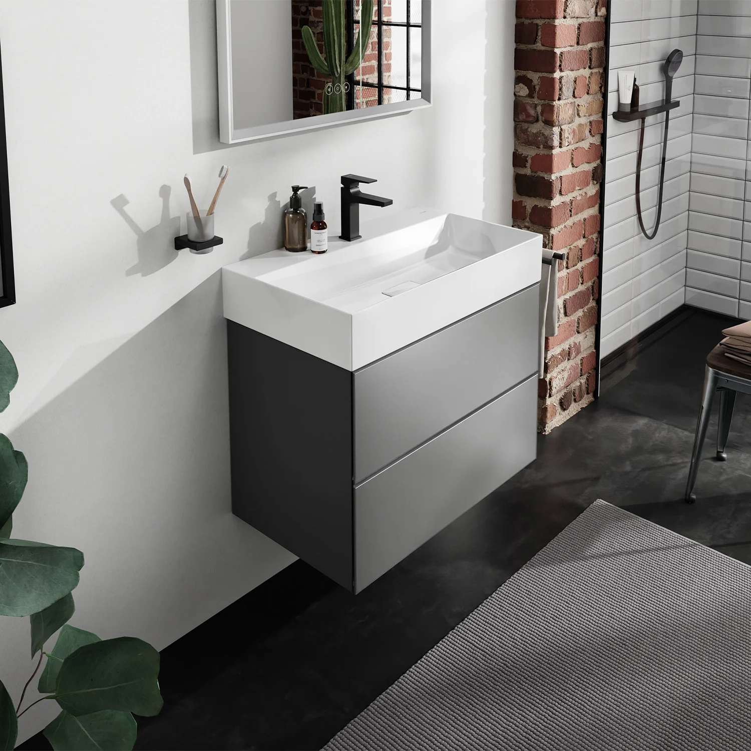Umywalka z szafką w nowoczesnej łazience, hansgrohe