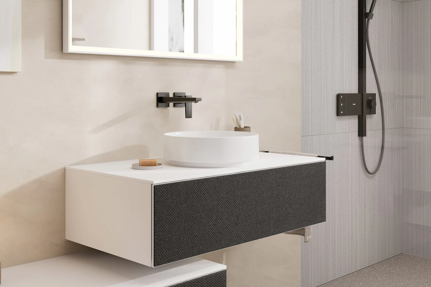 Nowoczesna łazienka z okrągłą umywalką, hansgrohe