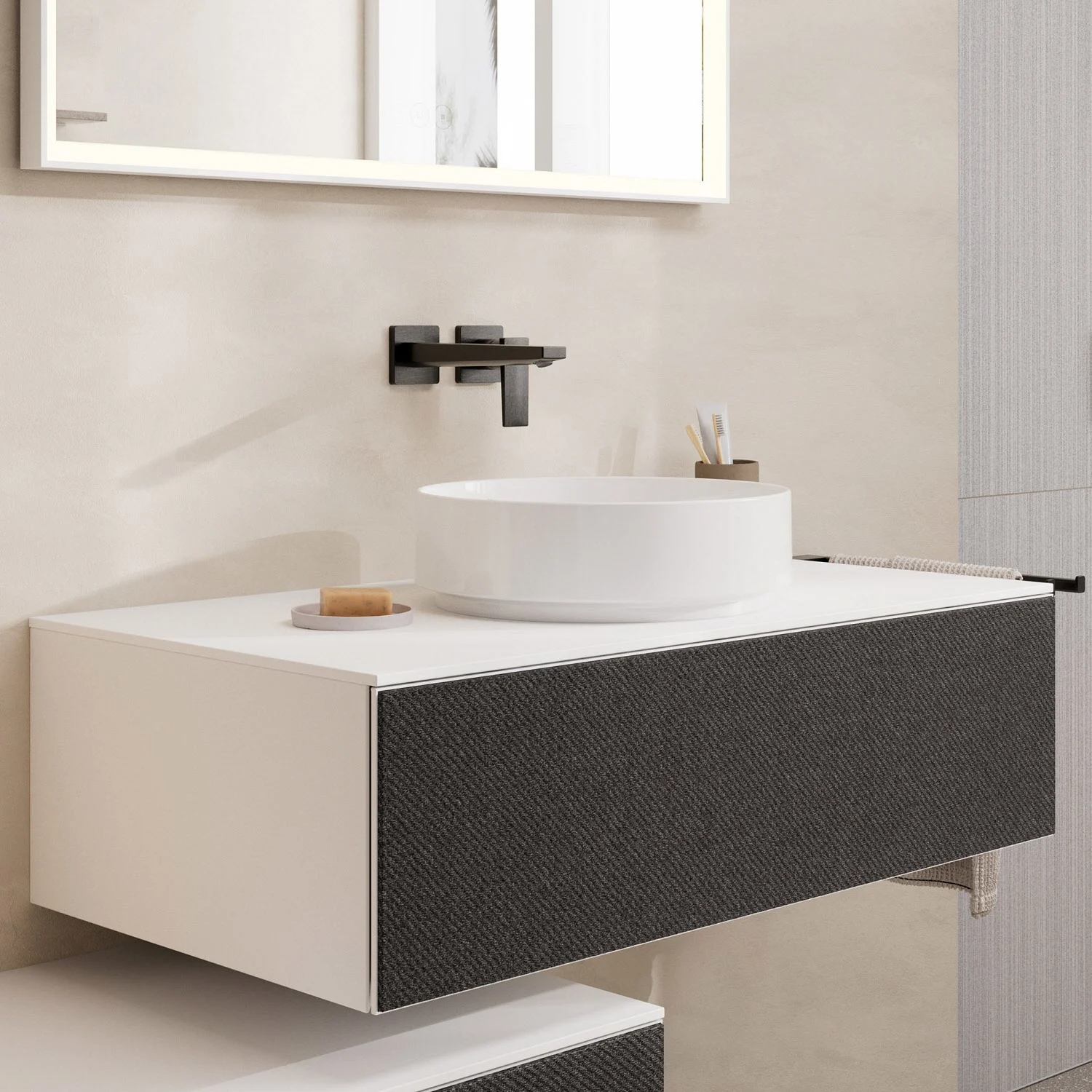 Okrągła umywalka na nowoczesnej szafce łazienkowej, hansgrohe
