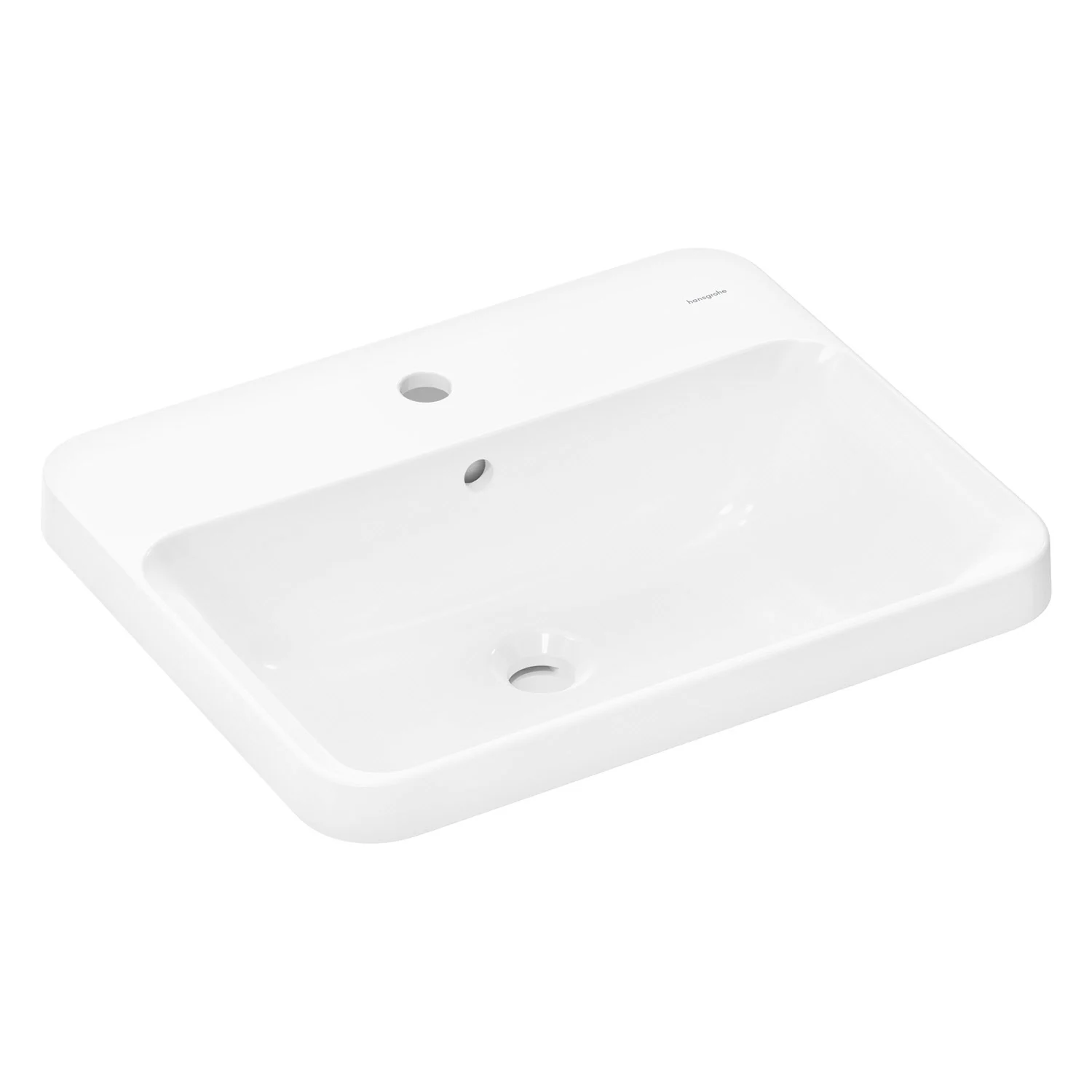 Prostokątna umywalka nablatowa w bieli, widok z boku, hansgrohe