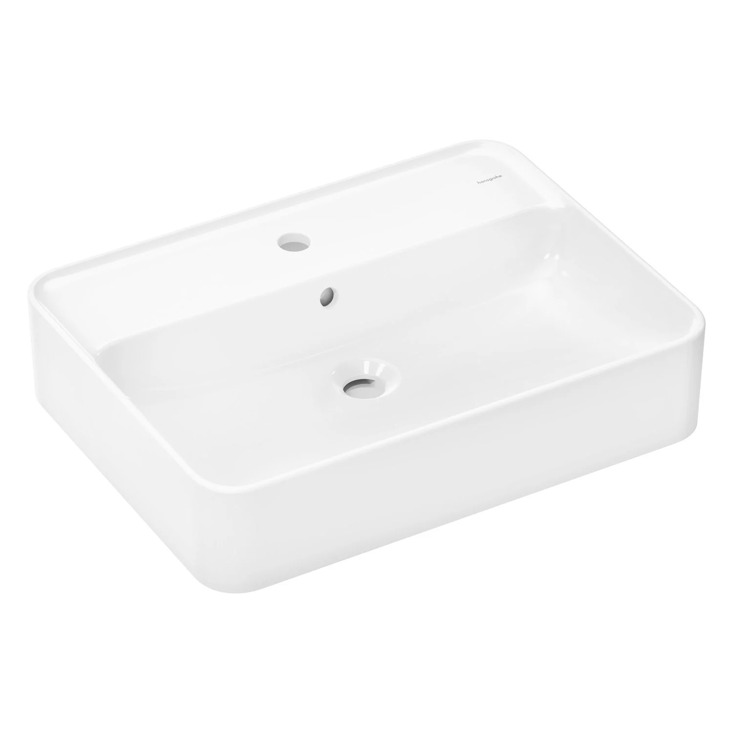 Biała umywalka nablatowa w kształcie prostokąta, hansgrohe