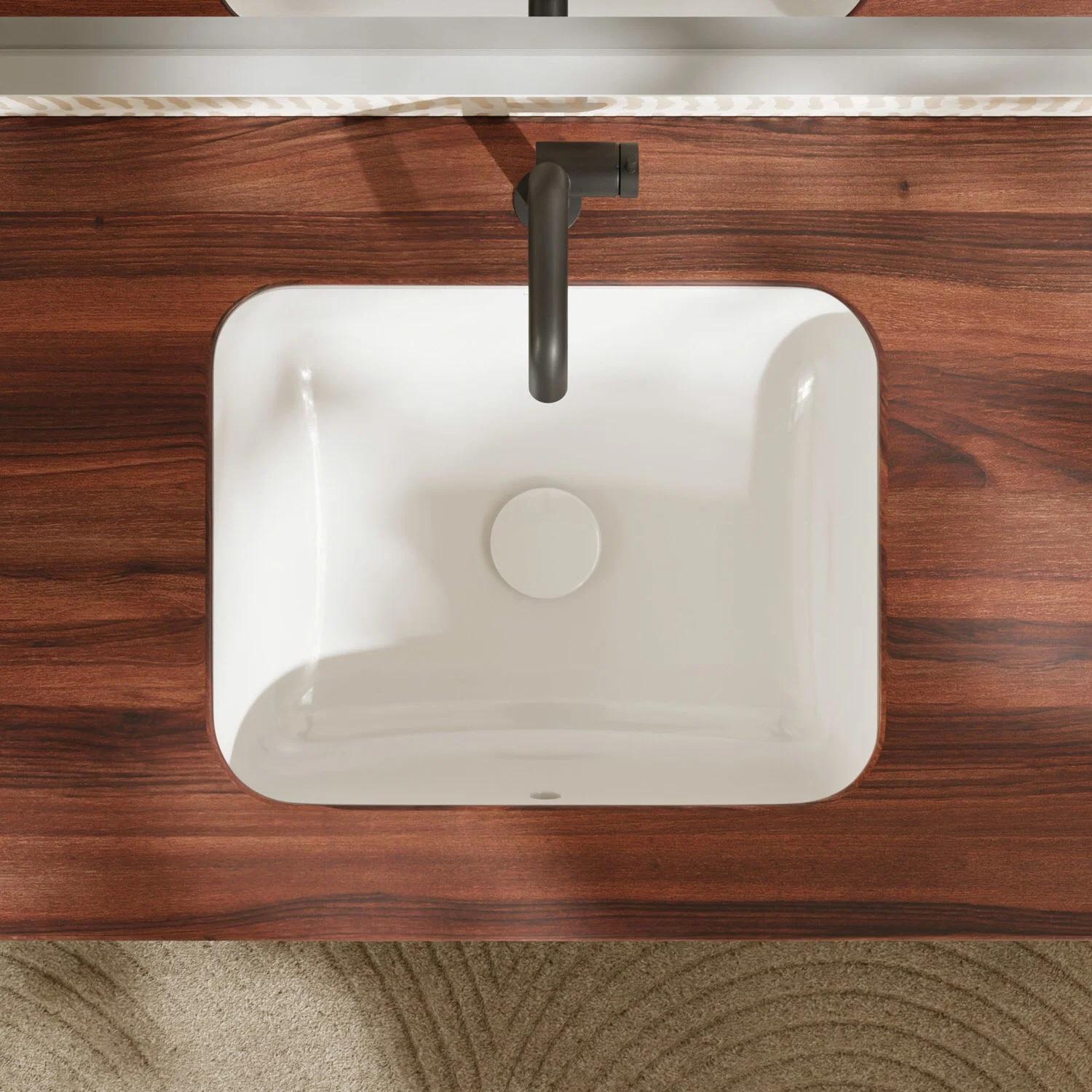 Prostokątna umywalka na drewnianej powierzchni z góry, hansgrohe