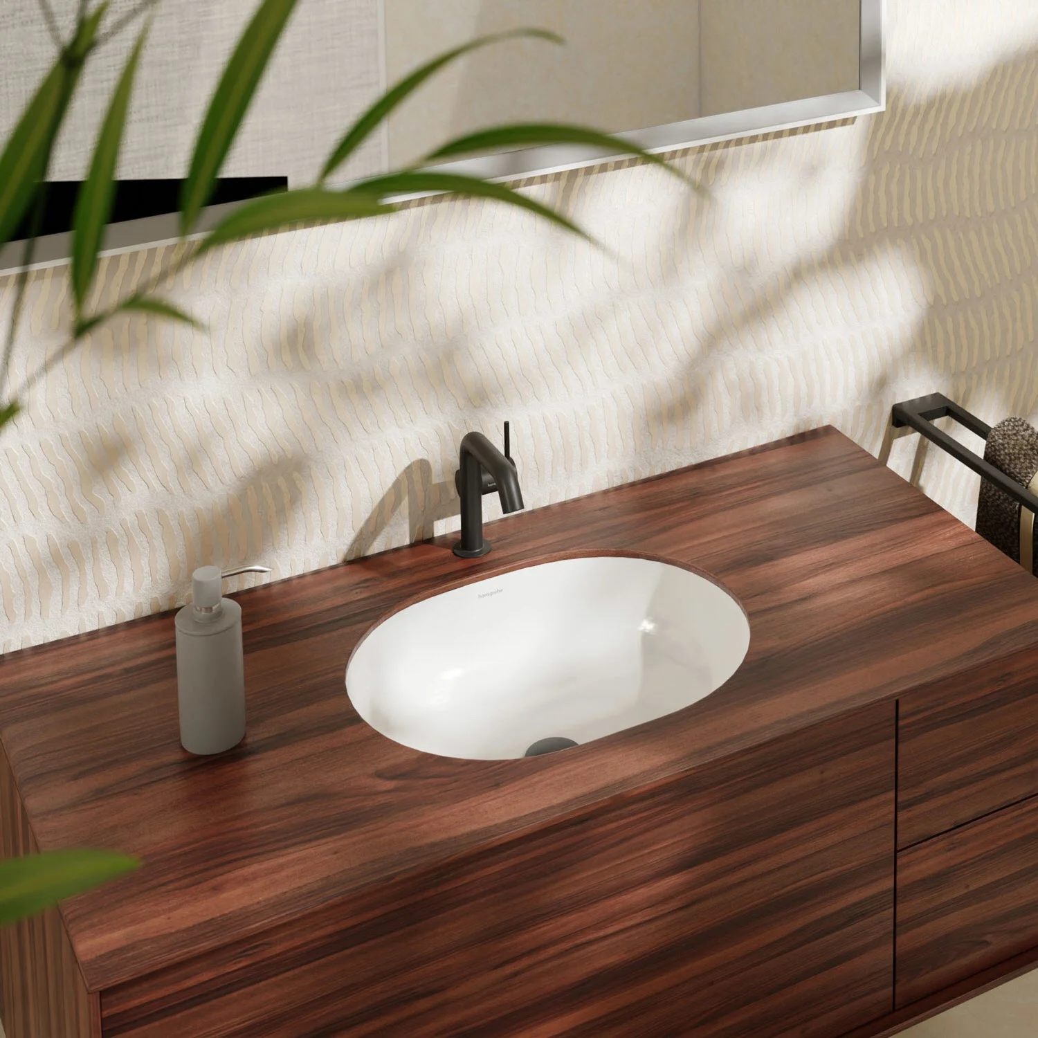 Umywalka podblatowa zintegrowana z drewnianym blatem, hansgrohe