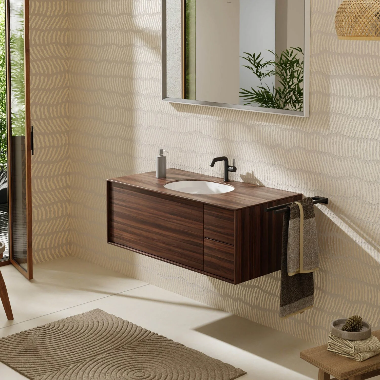 Łazienka z prostokątną umywalką podblatową i drewnianą szafką, hansgrohe