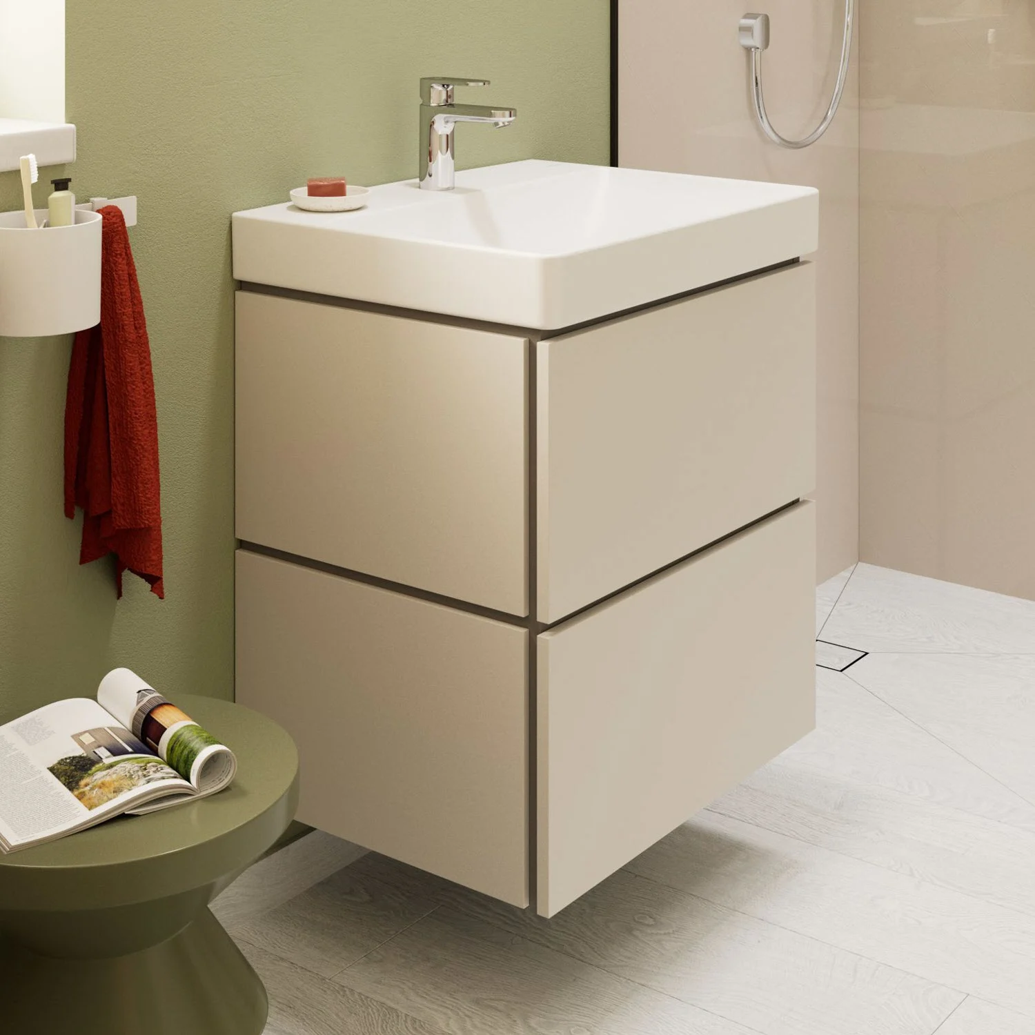 Szafka podumywalkowa Hansgrohe Xilesa E 60 cm z umywalką i jednouchwytową baterią umywalkową