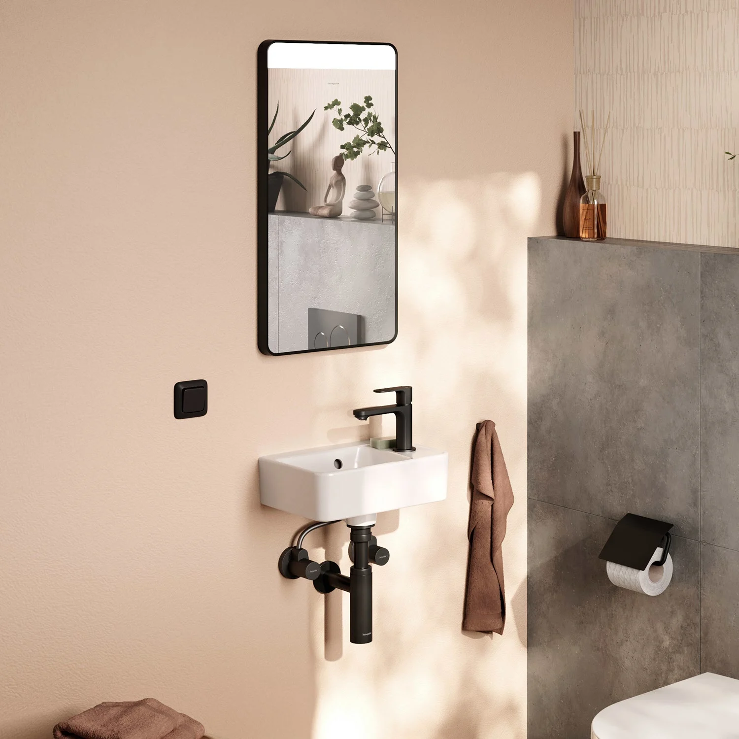 Zbliżenie lustra i umywalki, hansgrohe