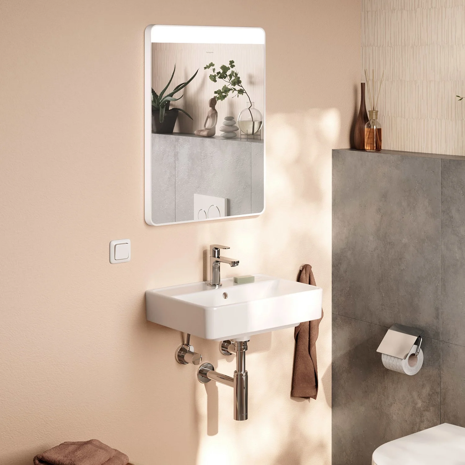 Zbliżenie lustra i umywalki, hansgrohe
