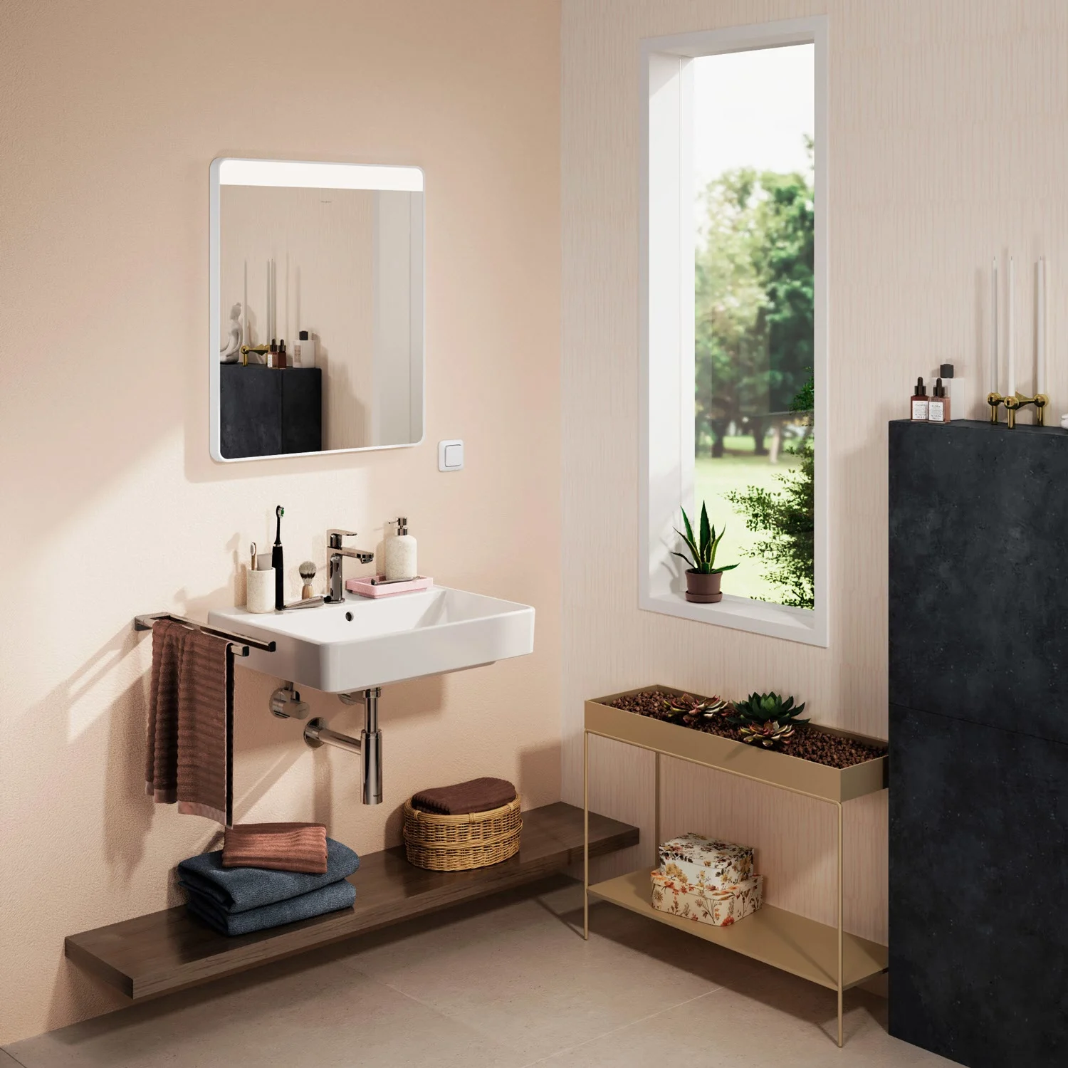 Łazienka z lustrem i umywalką, hansgrohe