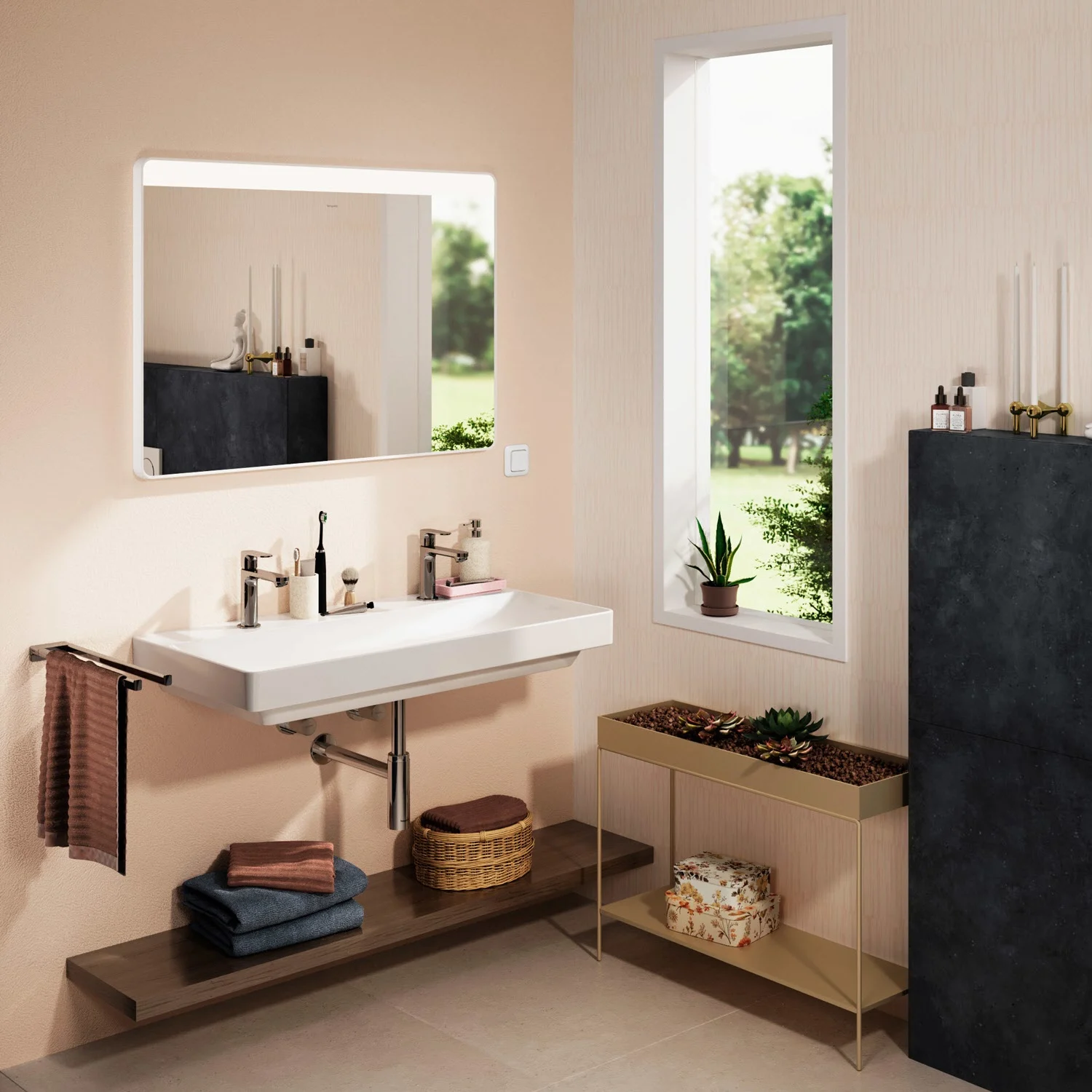 Nowoczesna łazienka z dużym lustrem i umywalką, hansgrohe