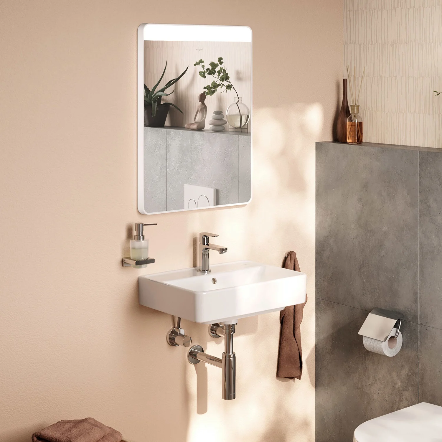 Lustro łazienkowe nad umywalką z akcesoriami, hansgrohe