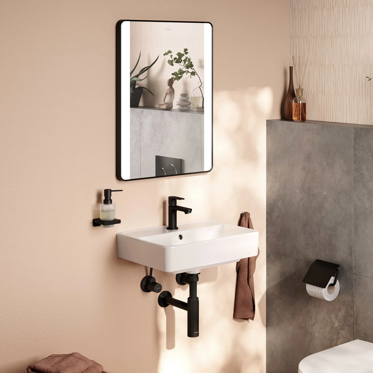 Zbliżenie umywalki z lustrem, hansgrohe