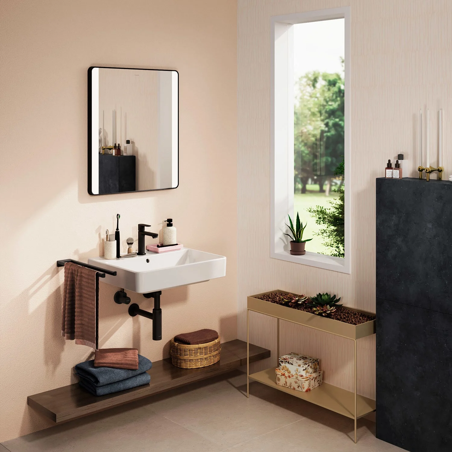 Łazienka z lustrem i umywalką, hansgrohe