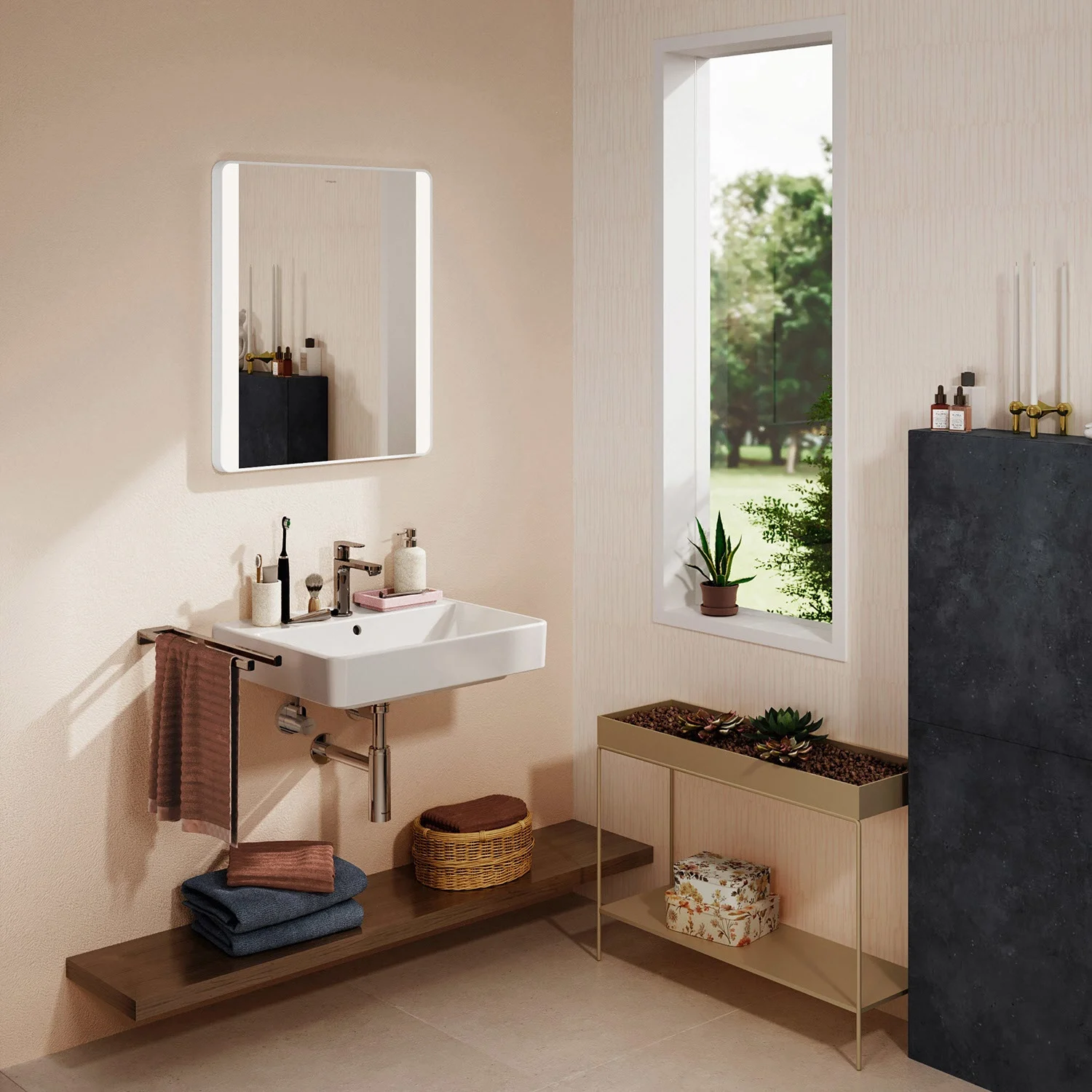 Łazienka z lustrem i umywalką, hansgrohe