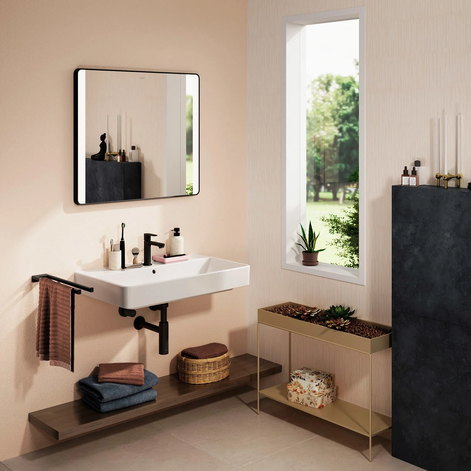 Nowoczesna łazienka z lustrem i umywalką, hansgrohe