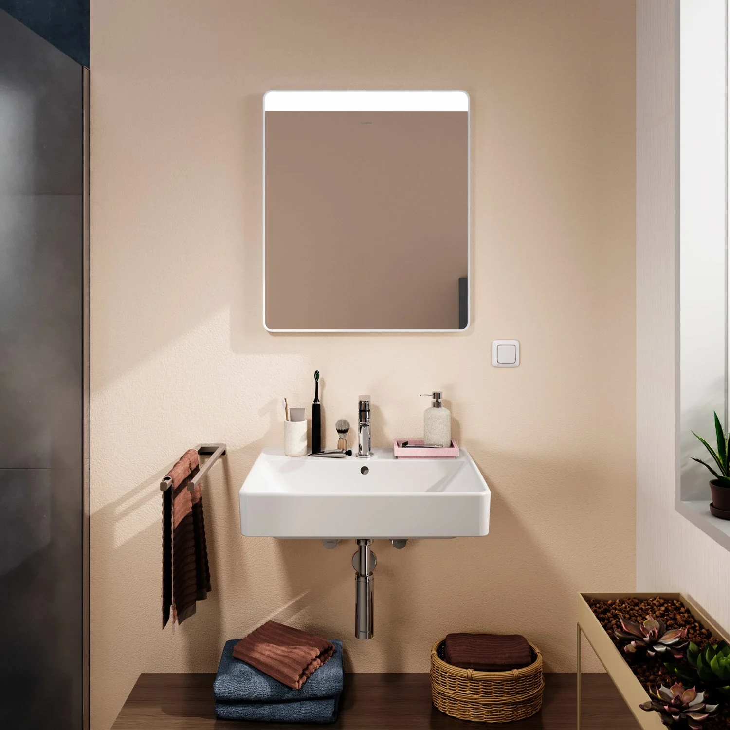 Umywalka z lustrem w nowoczesnej łazience, hansgrohe