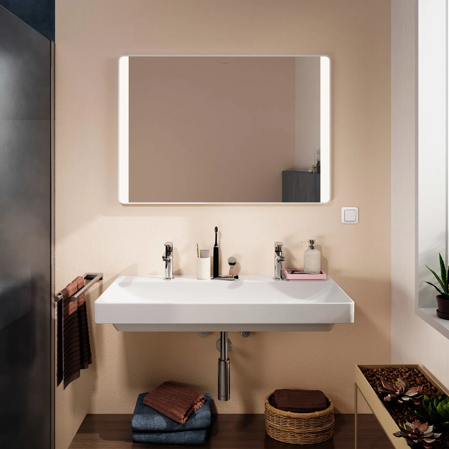 Umywalka z podświetlanym lustrem w łazience, hansgrohe