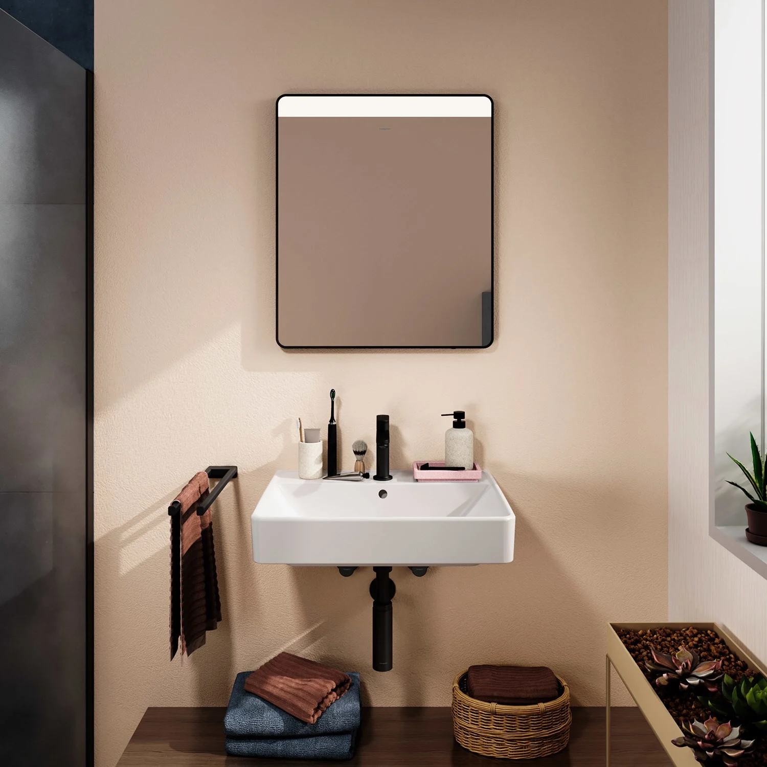 Umywalka z lustrem w nowoczesnej łazience, hansgrohe