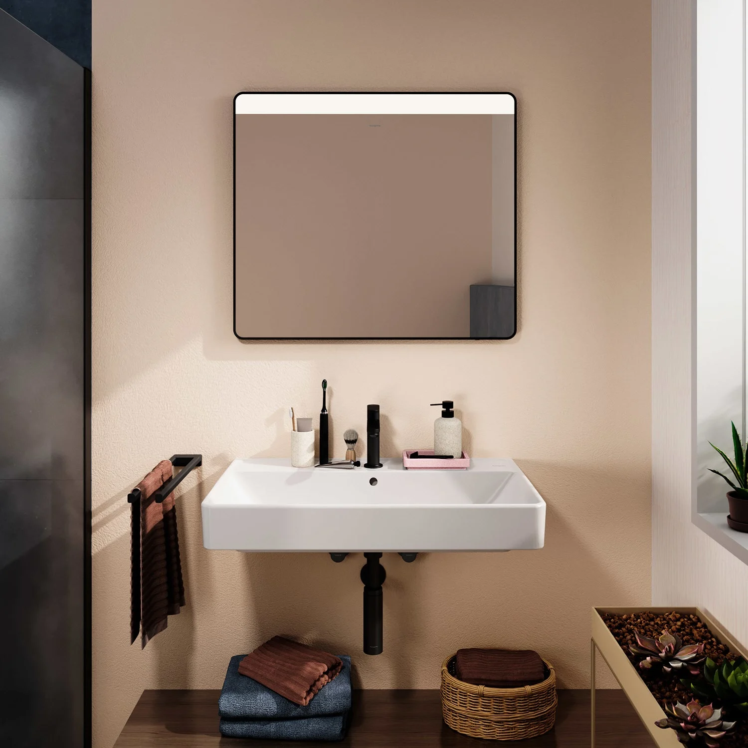 Umywalka z lustrem w nowoczesnej łazience, hansgrohe