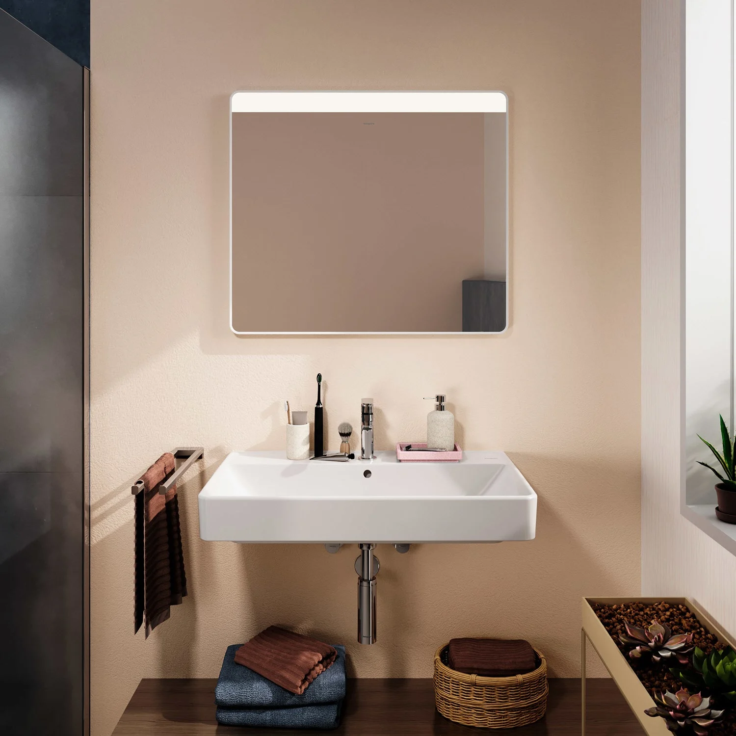 Umywalka z lustrem w nowoczesnej łazience, hansgrohe