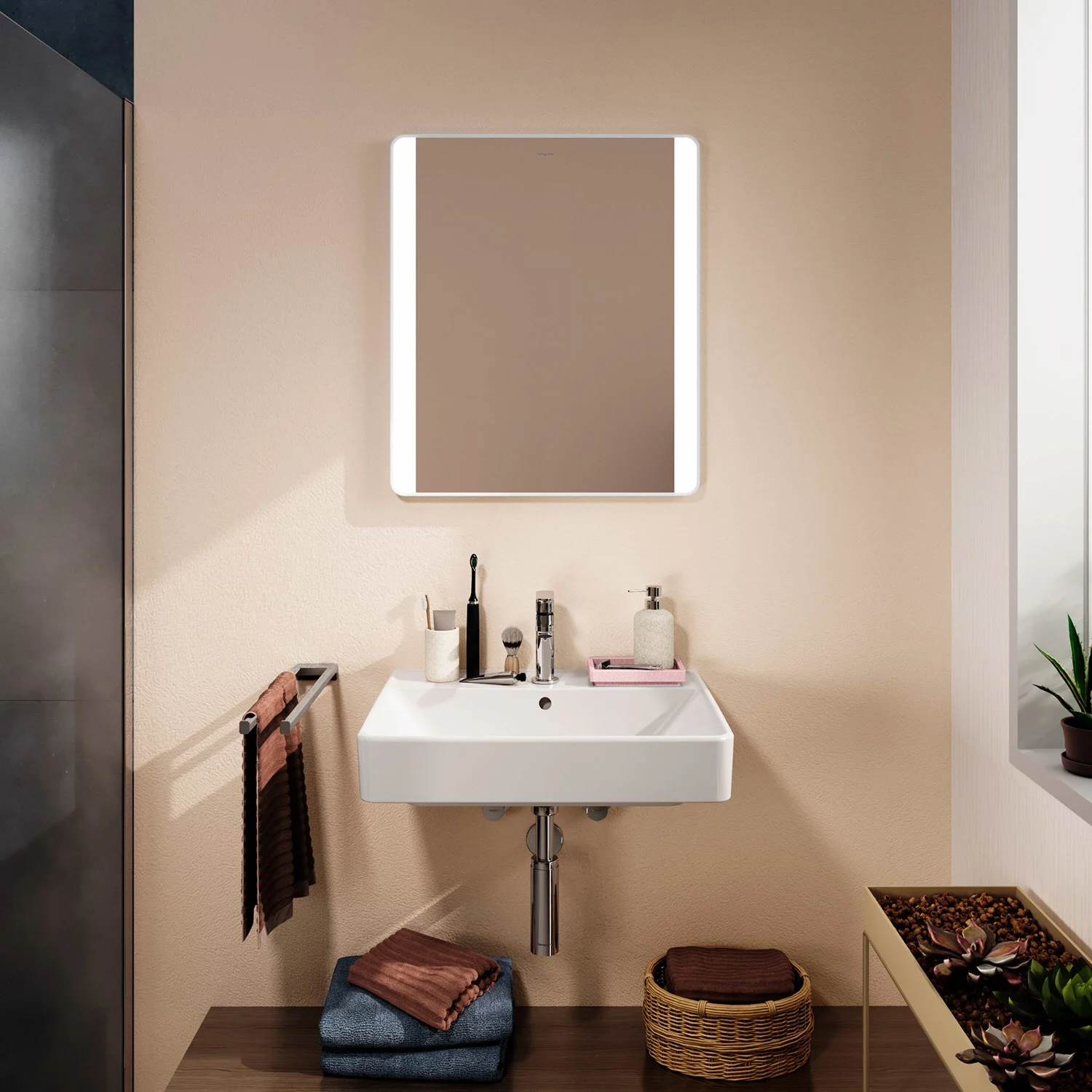 Łazienka z podświetlanym prostokątnym lustrem, hansgrohe