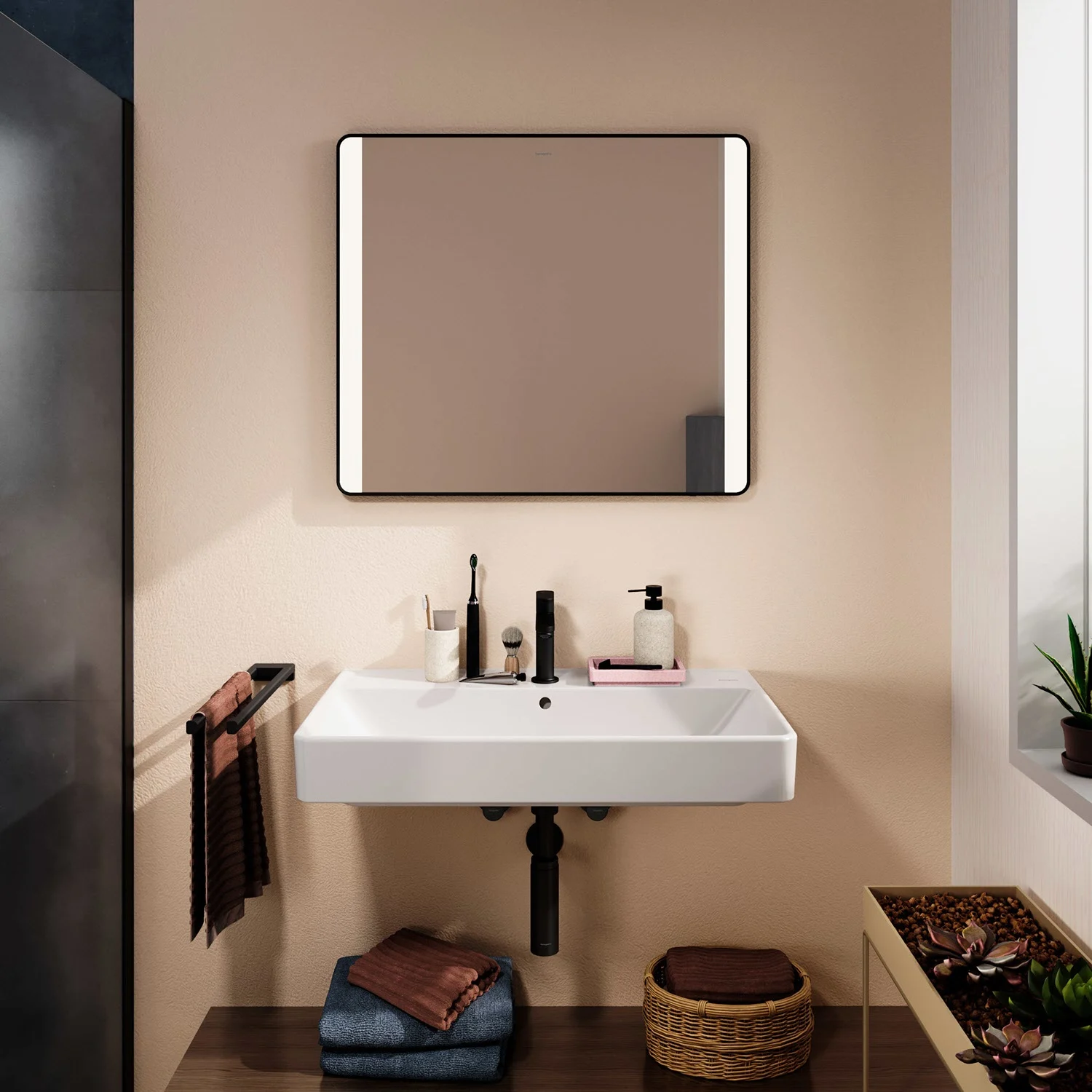 Łazienka z podświetlanym prostokątnym lustrem, hansgrohe
