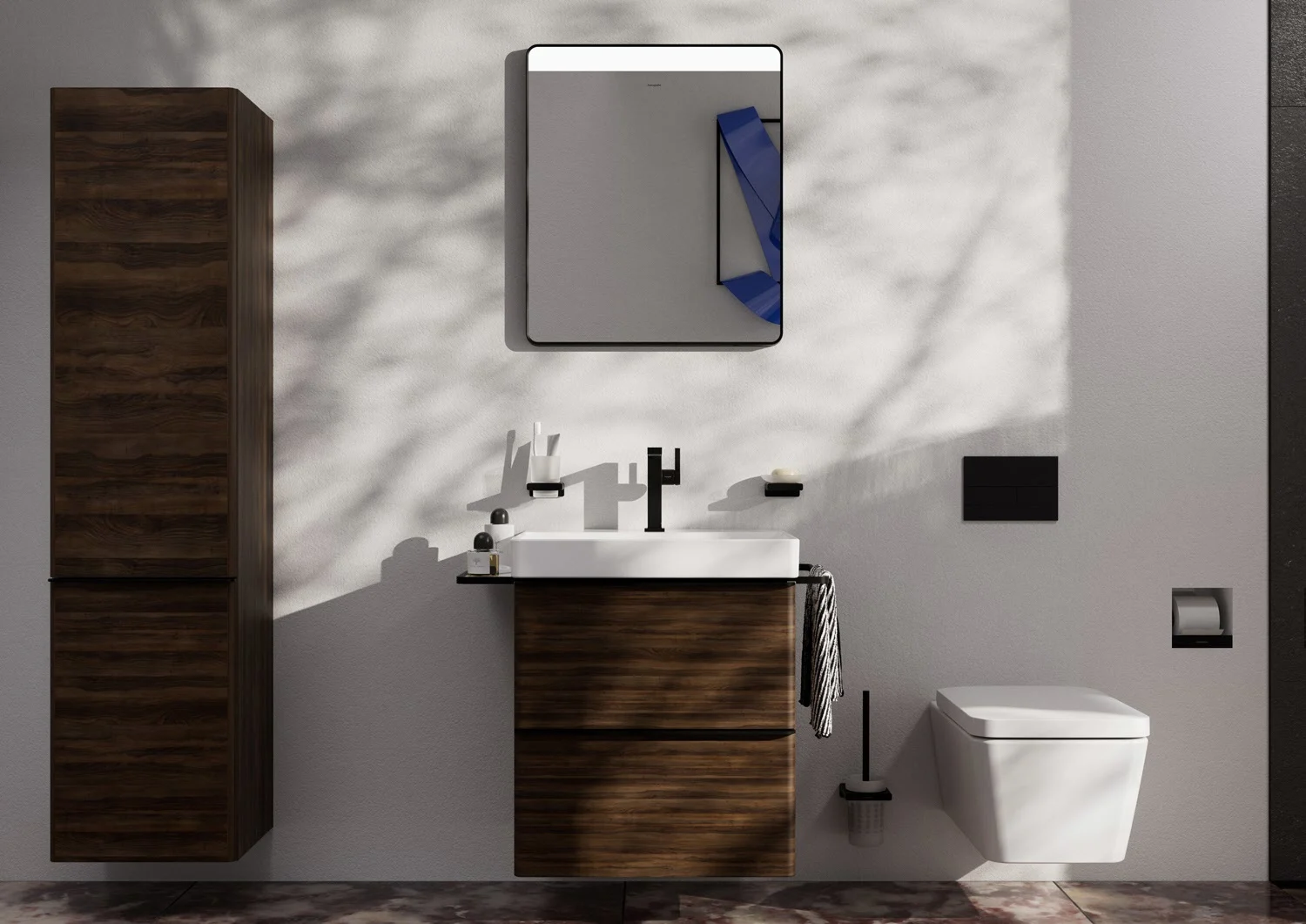 Łazienka z drewnianymi szafkami i lustrem, hansgrohe