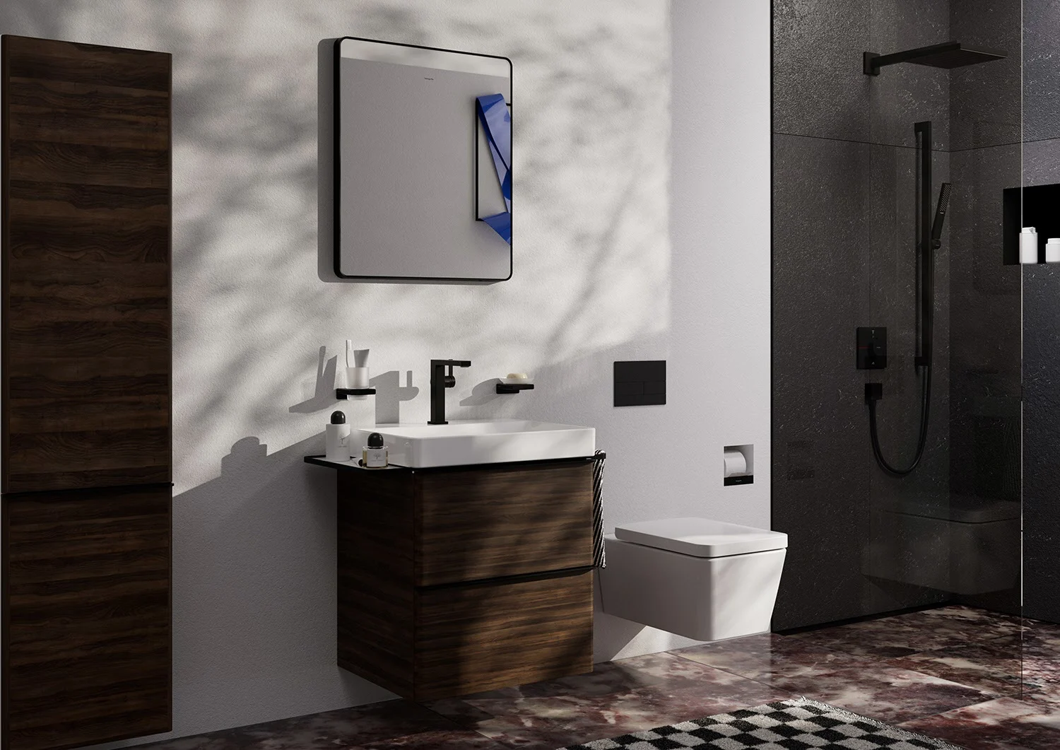 Nowoczesna łazienka z kwadratowym lustrem, hansgrohe