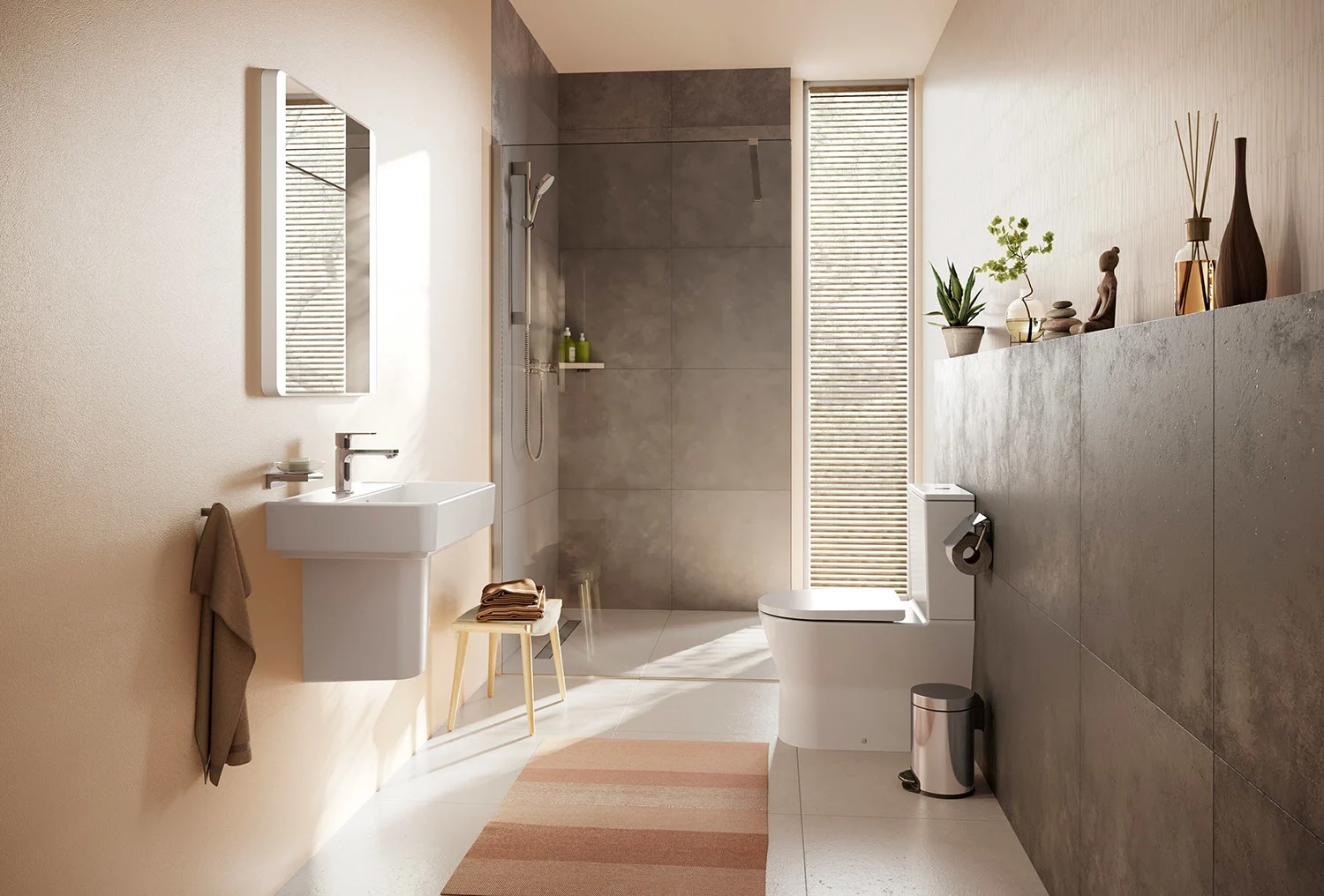 Łazienka z prysznicem i prostokątnym lustrem, hansgrohe