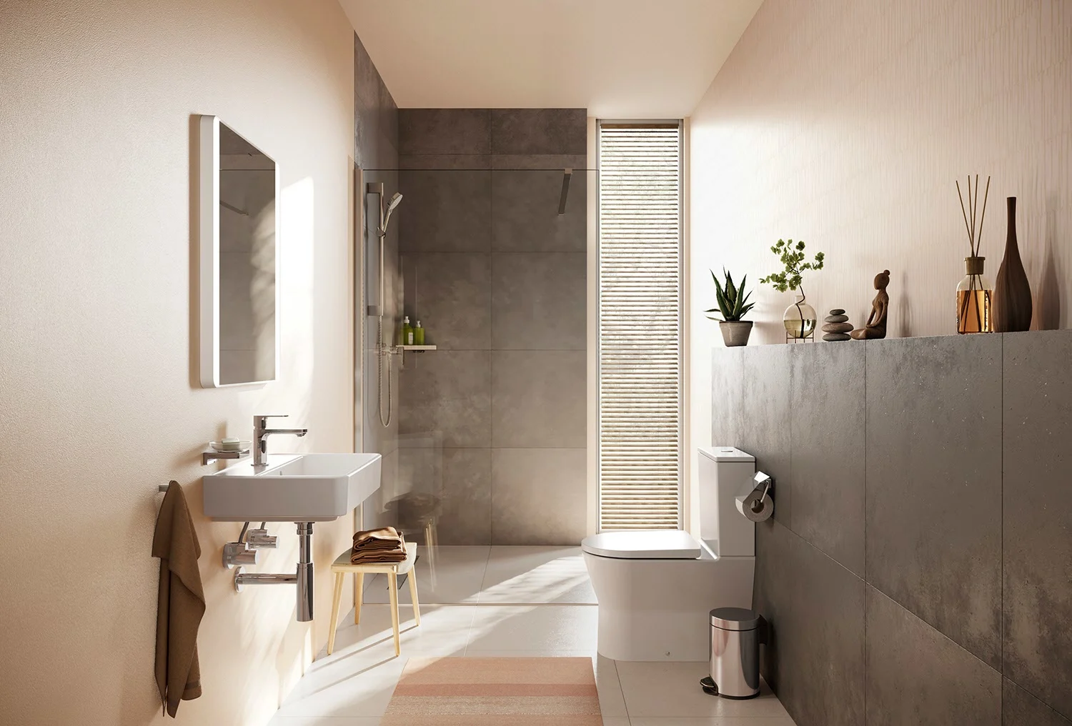 Łazienka z szarymi płytkami i nowoczesnym wyposażeniem, hansgrohe