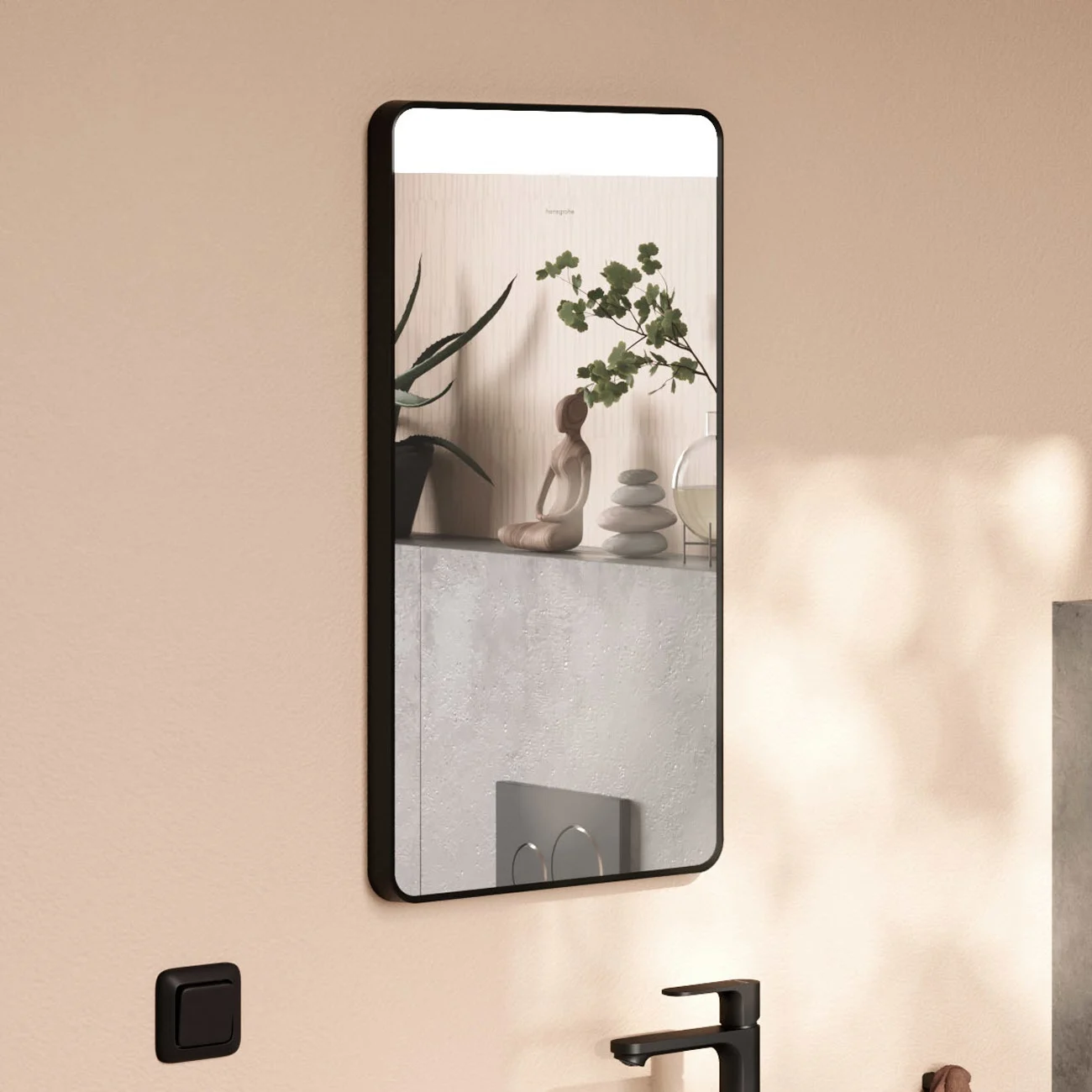 Podświetlane lustro w łazience z dekoracją, hansgrohe