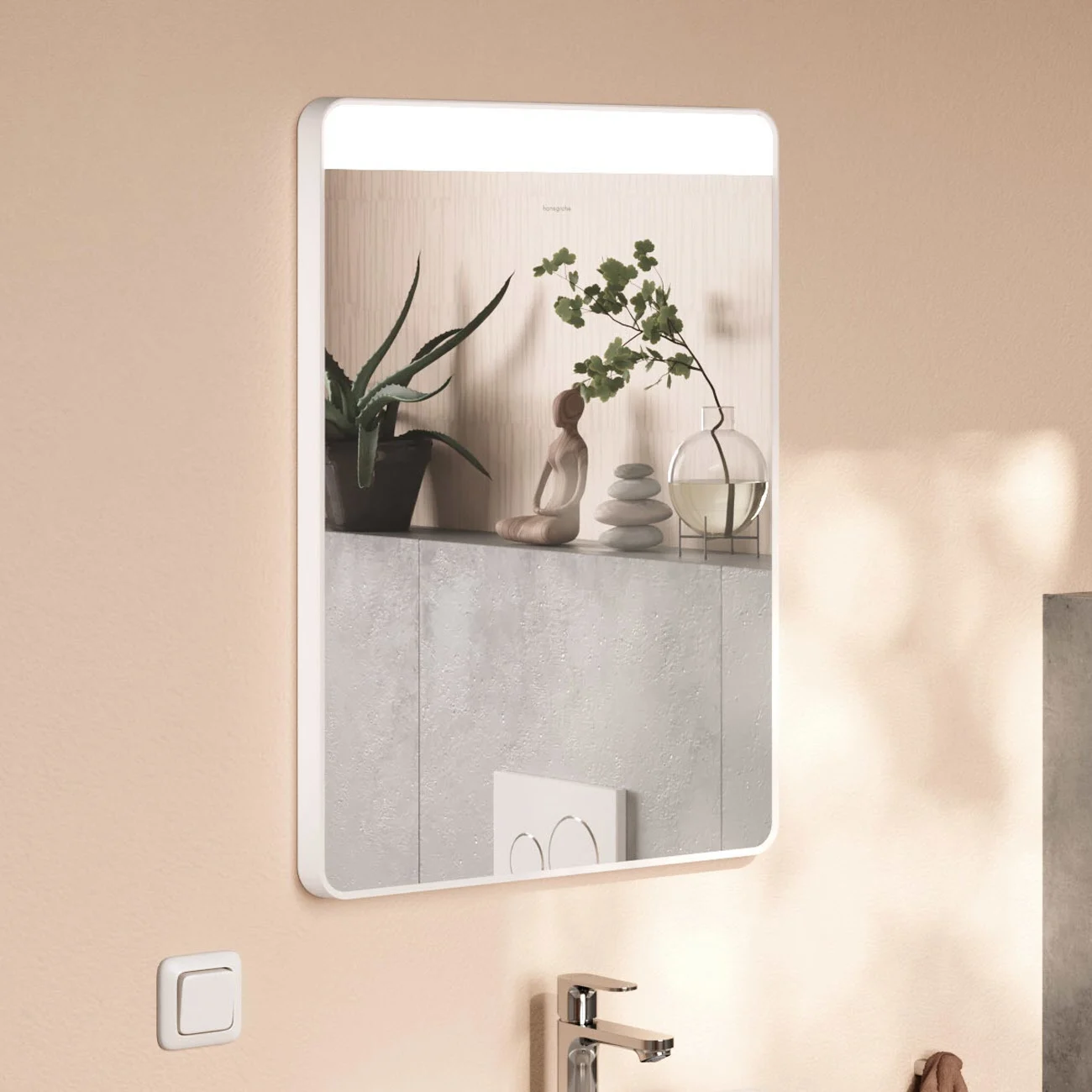 Podświetlane lustro w łazience z dekoracją, hansgrohe