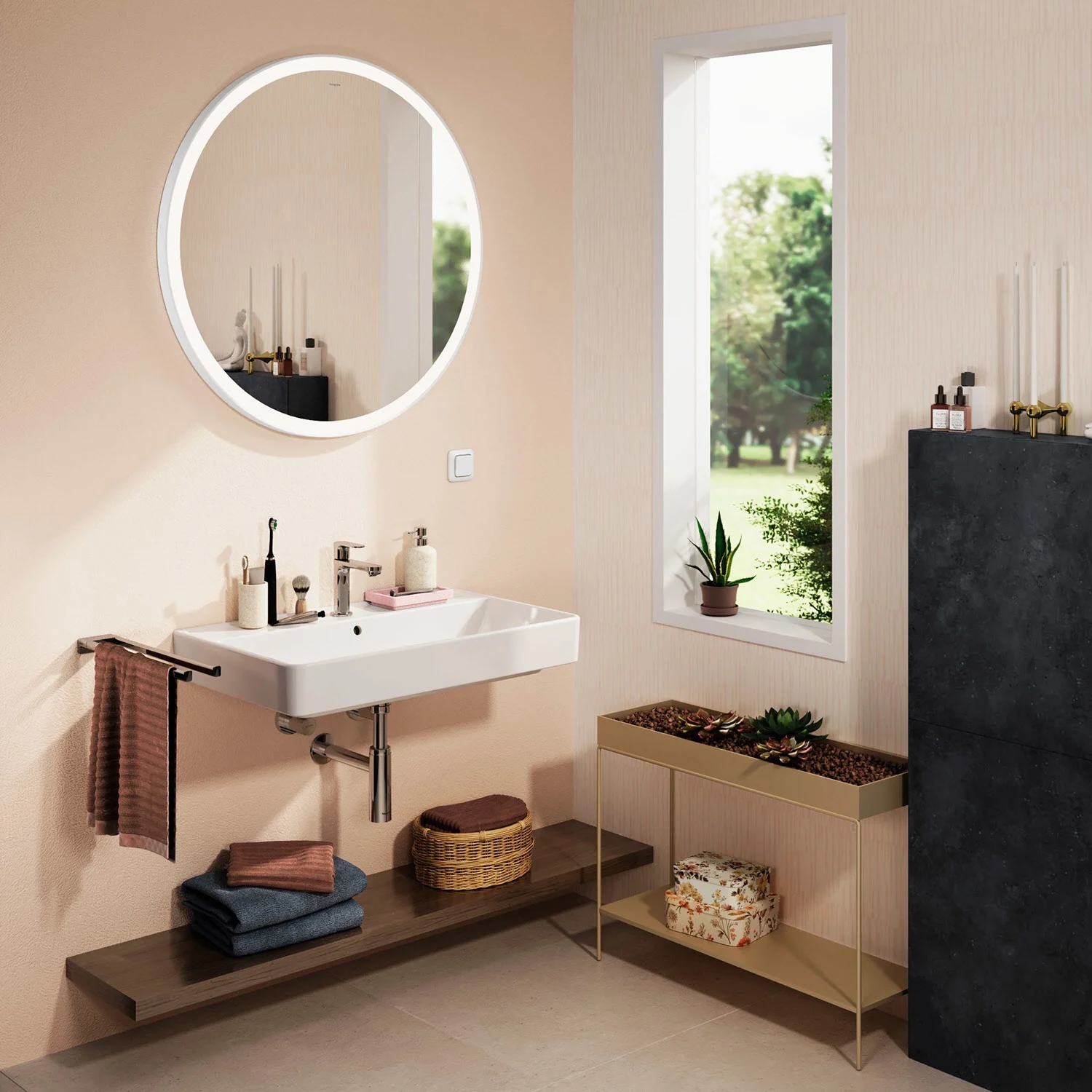 Okrągłe lustro łazienkowe w nowoczesnej łazience, hansgrohe