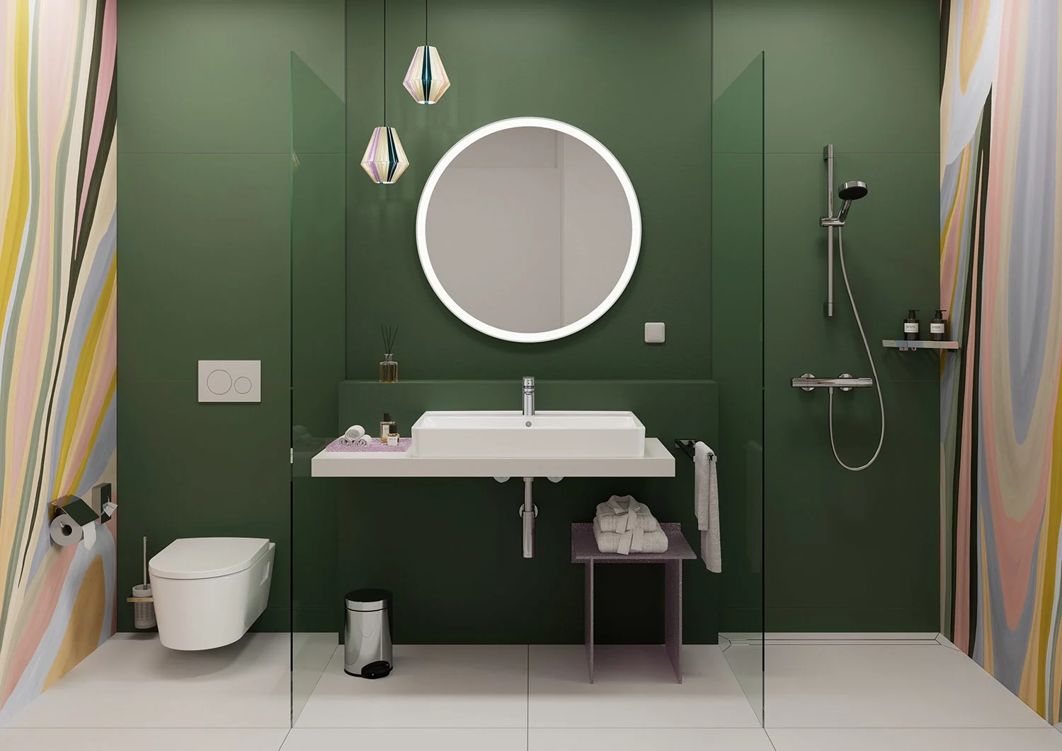 Łazienka z zielonym designem i okrągłym lustrem, hansgrohe