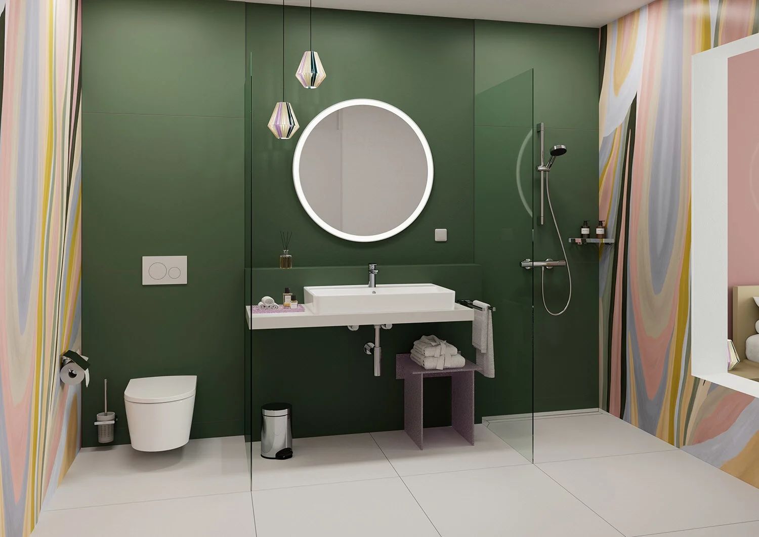 Łazienka z okrągłym podświetlanym lustrem, hansgrohe