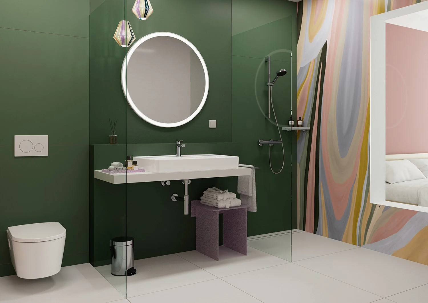 Łazienka z zielonym designem i okrągłym lustrem, hansgrohe